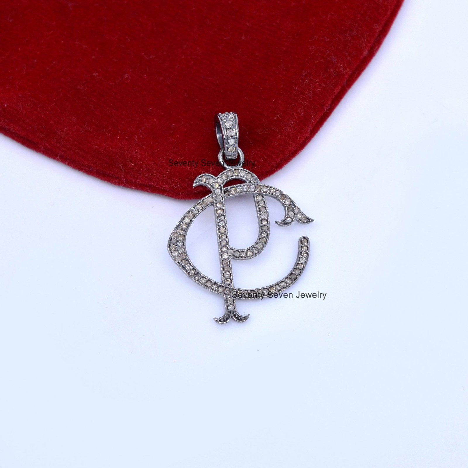 925 Silver Pave Diamond Initial Pendant: Custom Handmade Monogram - View 5 - Seventy Seven Jewelry | SKU: SSMJP513-SLRHDI-202 925 Silver Pave Diamond Initial Pendant: Custom Handmade Monogram - View 5 - Seventy Seven Jewelry | SKU: SSMJP513-SLRHDI-202