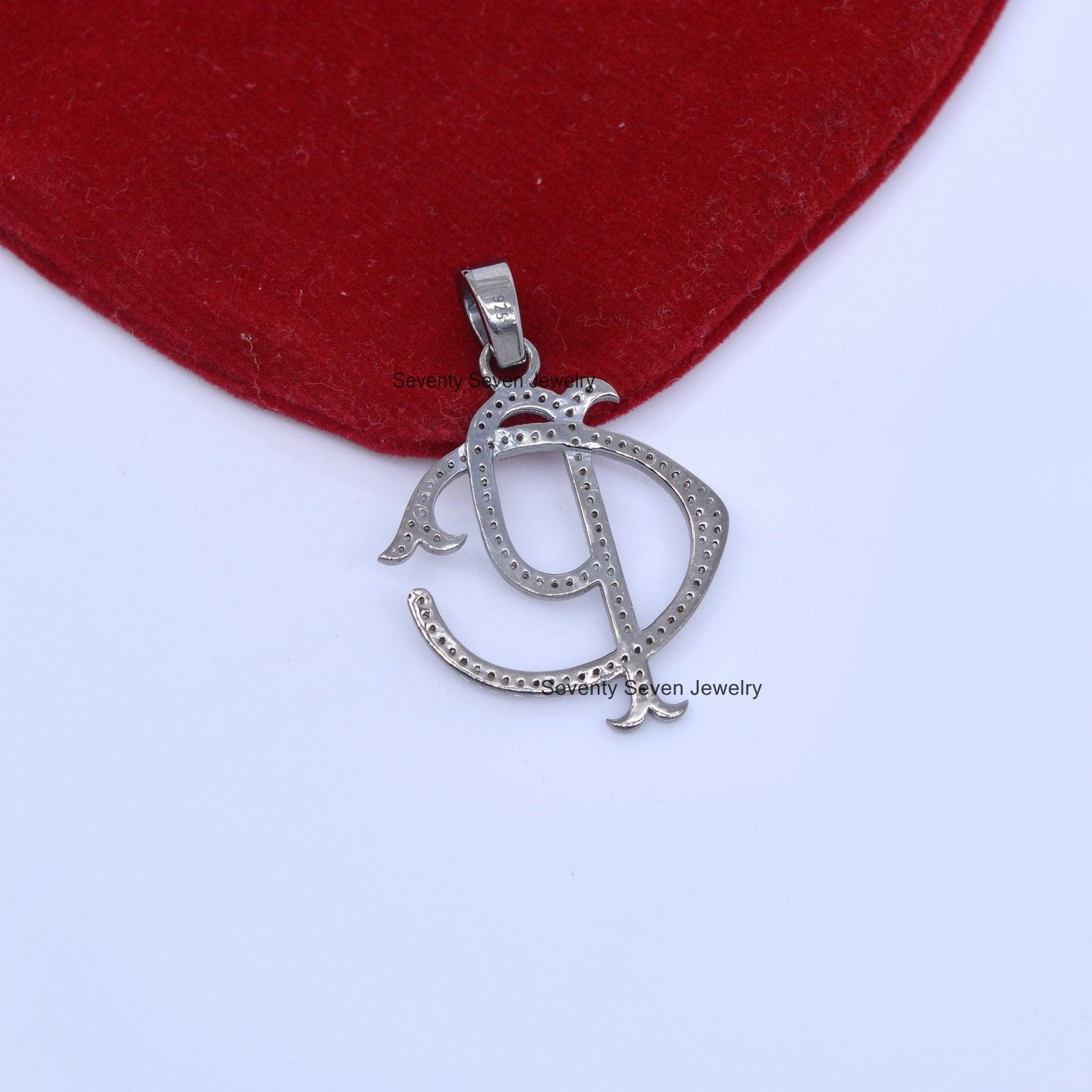 925 Silver Pave Diamond Initial Pendant: Custom Handmade Monogram - View 6 - Seventy Seven Jewelry | SKU: SSMJP513-SLRHDI-202 925 Silver Pave Diamond Initial Pendant: Custom Handmade Monogram - View 6 - Seventy Seven Jewelry | SKU: SSMJP513-SLRHDI-202