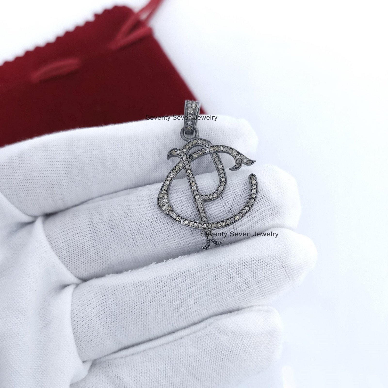 925 Silver Pave Diamond Initial Pendant: Custom Handmade Monogram - View 7 - Seventy Seven Jewelry | SKU: SSMJP513-SLRHDI-202 925 Silver Pave Diamond Initial Pendant: Custom Handmade Monogram - View 7 - Seventy Seven Jewelry | SKU: SSMJP513-SLRHDI-202