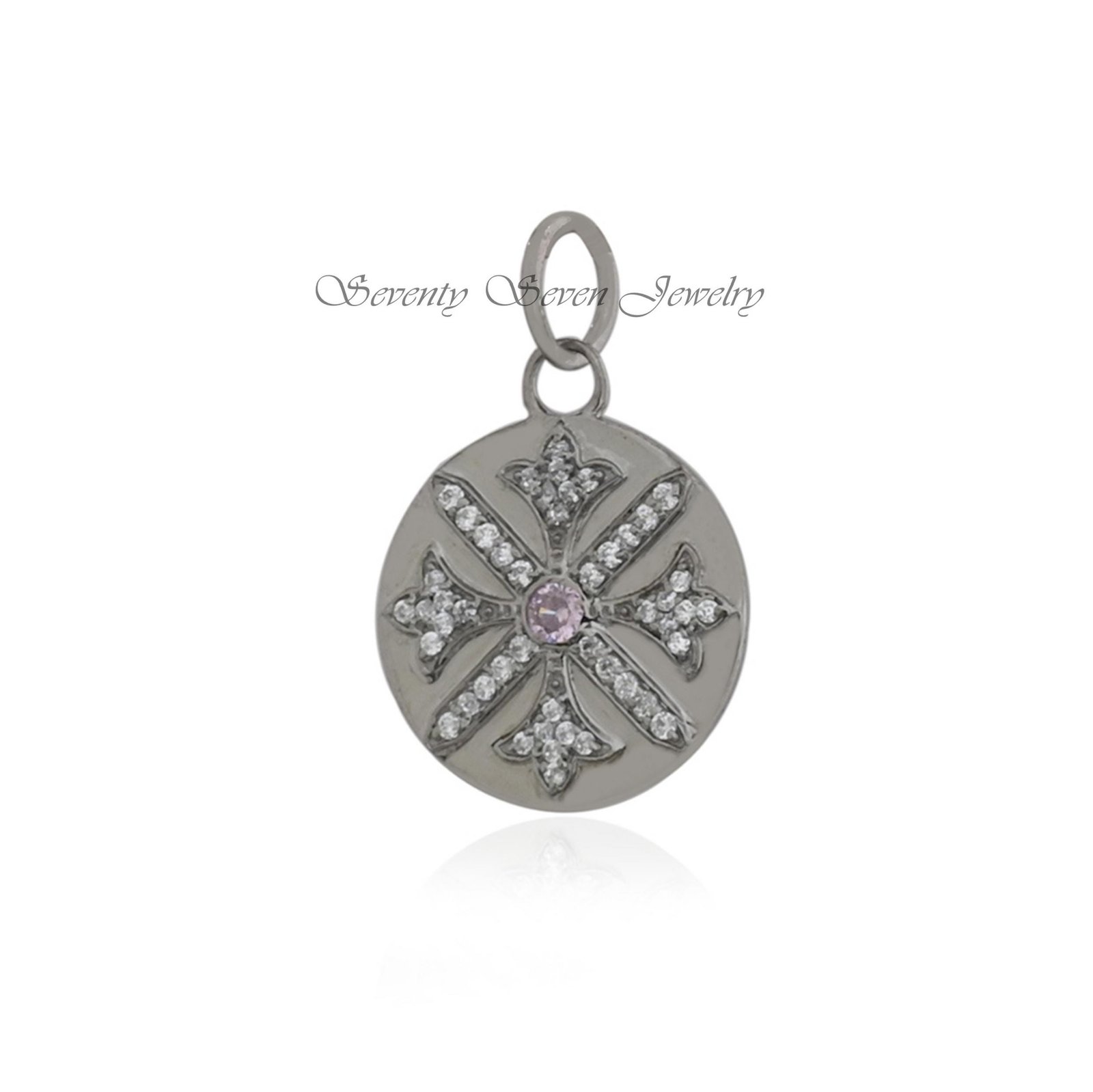 925 Silver Round Disc Pendant: CZ Pave Star Charm - View 4 - Seventy Seven Jewelry | SKU: SSMJP429-SLYGCZP-2026 925 Silver Round Disc Pendant: CZ Pave Star Charm - View 4 - Seventy Seven Jewelry | SKU: SSMJP429-SLYGCZP-2026