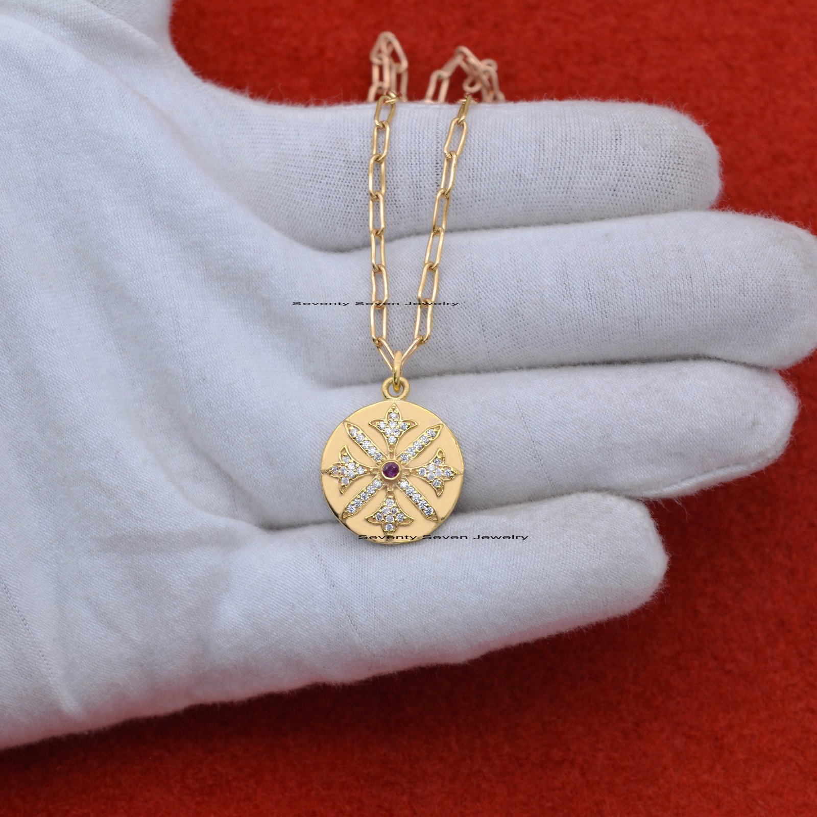 925 Silver Round Disc Pendant: CZ Pave Star Charm - View 6 - Seventy Seven Jewelry | SKU: SSMJP429-SLYGCZP-2026 925 Silver Round Disc Pendant: CZ Pave Star Charm - View 6 - Seventy Seven Jewelry | SKU: SSMJP429-SLYGCZP-2026