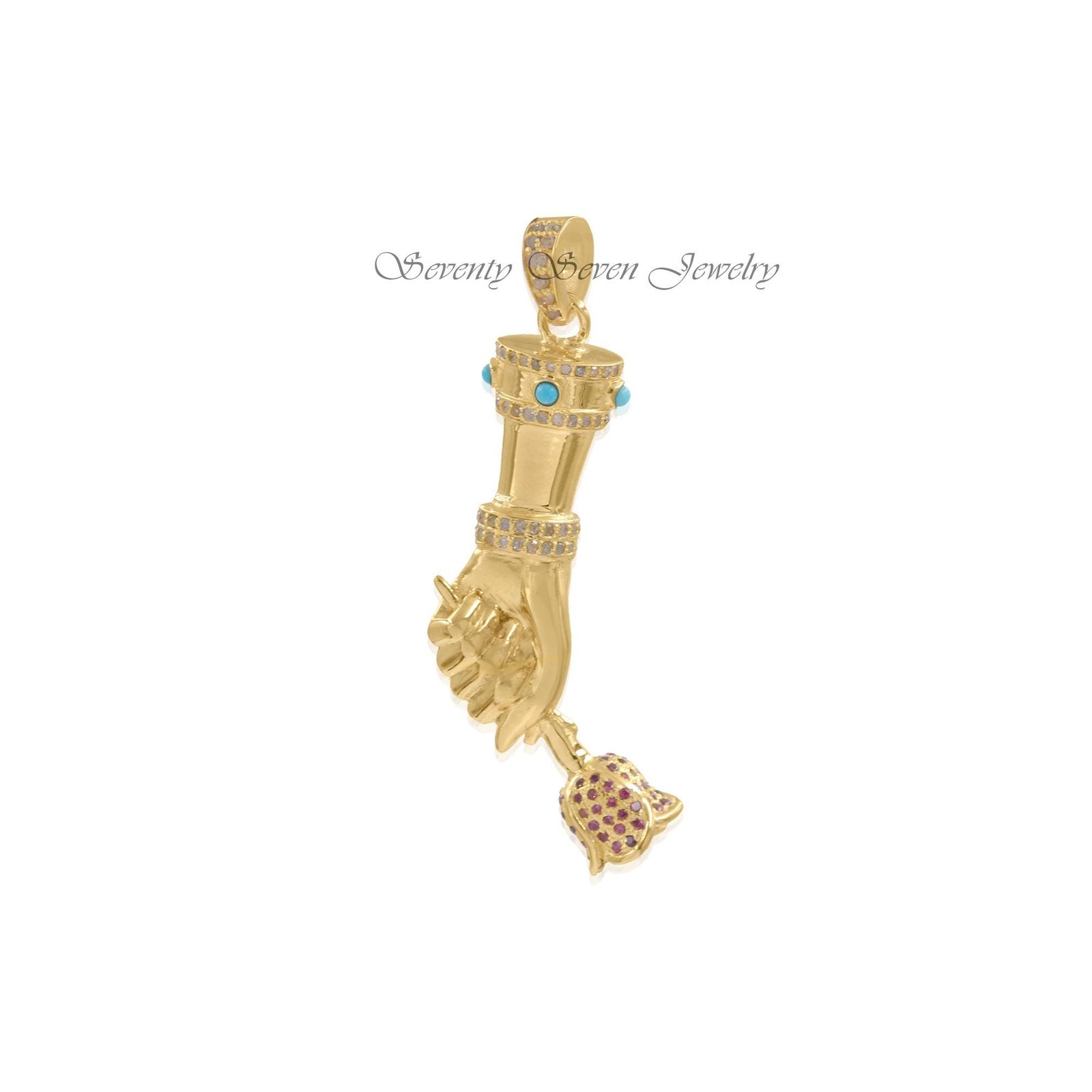 925 Silver Vermeil Figa Hand Pendant: Diamond, Turquoise, Ruby - Seventy Seven Jewelry | SKU: SSMJP24-SLYGDITQRU-2026 925 Silver Vermeil Figa Hand Pendant: Diamond, Turquoise, Ruby - Seventy Seven Jewelry | SKU: SSMJP24-SLYGDITQRU-2026