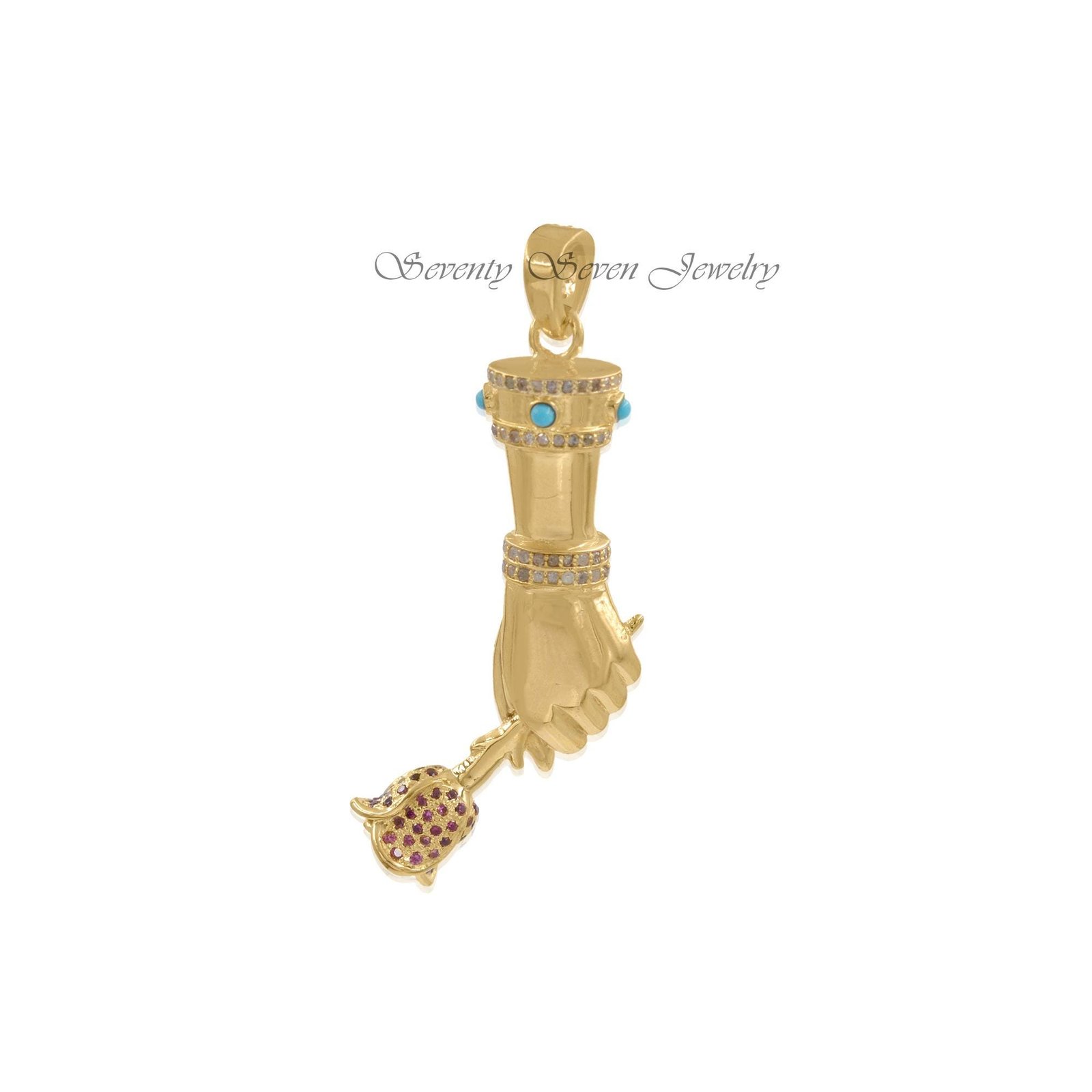 925 Silver Vermeil Figa Hand Pendant: Diamond, Turquoise, Ruby - View 2 - Seventy Seven Jewelry | SKU: SSMJP24-SLYGDITQRU-202 925 Silver Vermeil Figa Hand Pendant: Diamond, Turquoise, Ruby - View 2 - Seventy Seven Jewelry | SKU: SSMJP24-SLYGDITQRU-202