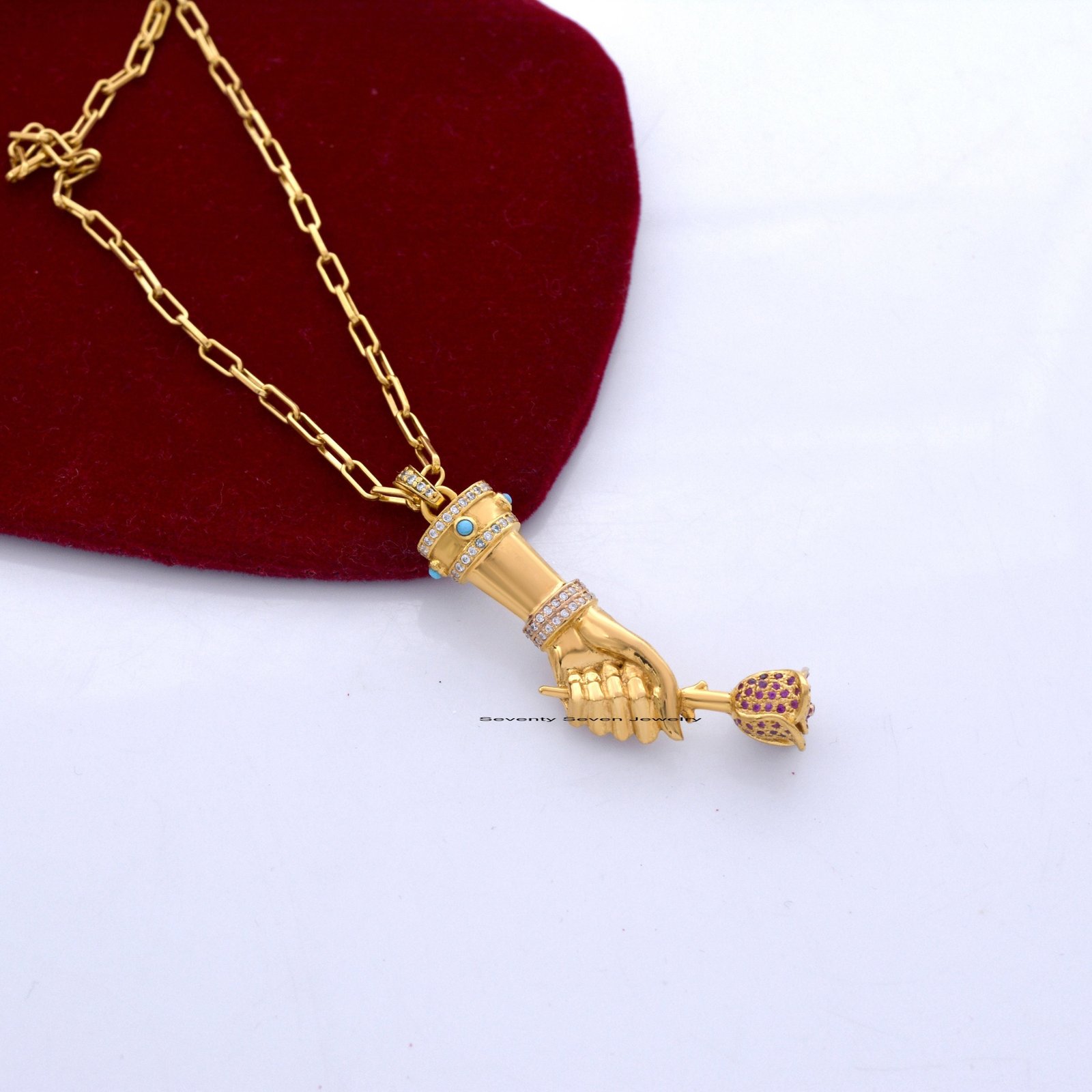 925 Silver Vermeil Figa Hand Pendant: Diamond, Turquoise, Ruby - View 3 - Seventy Seven Jewelry | SKU: SSMJP24-SLYGDITQRU-202 925 Silver Vermeil Figa Hand Pendant: Diamond, Turquoise, Ruby - View 3 - Seventy Seven Jewelry | SKU: SSMJP24-SLYGDITQRU-202