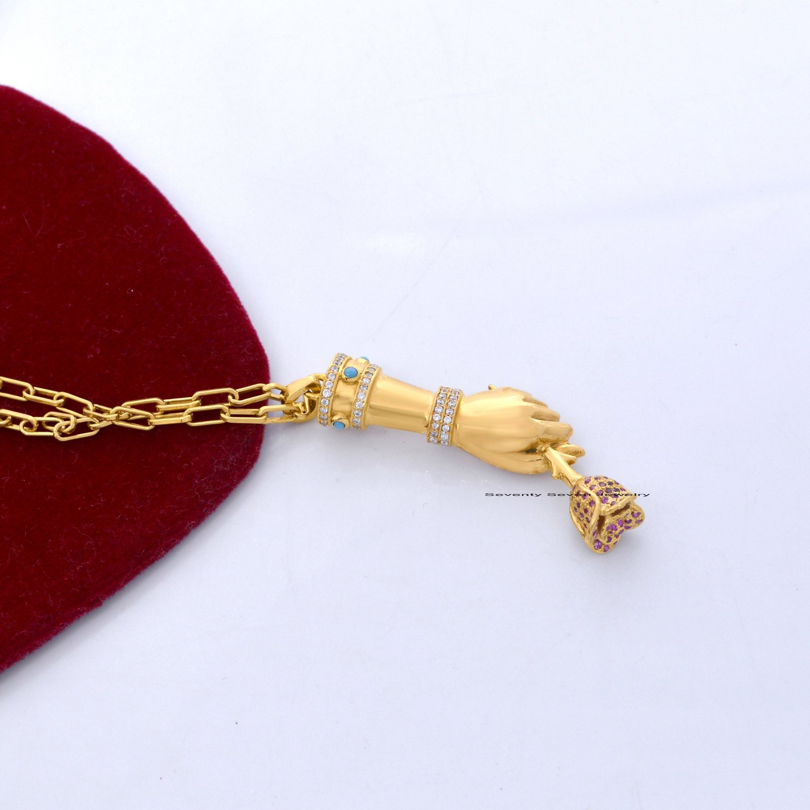 925 Silver Vermeil Figa Hand Pendant: Diamond, Turquoise, Ruby - View 4 - Seventy Seven Jewelry | SKU: SSMJP24-SLYGDITQRU-202 925 Silver Vermeil Figa Hand Pendant: Diamond, Turquoise, Ruby - View 4 - Seventy Seven Jewelry | SKU: SSMJP24-SLYGDITQRU-202