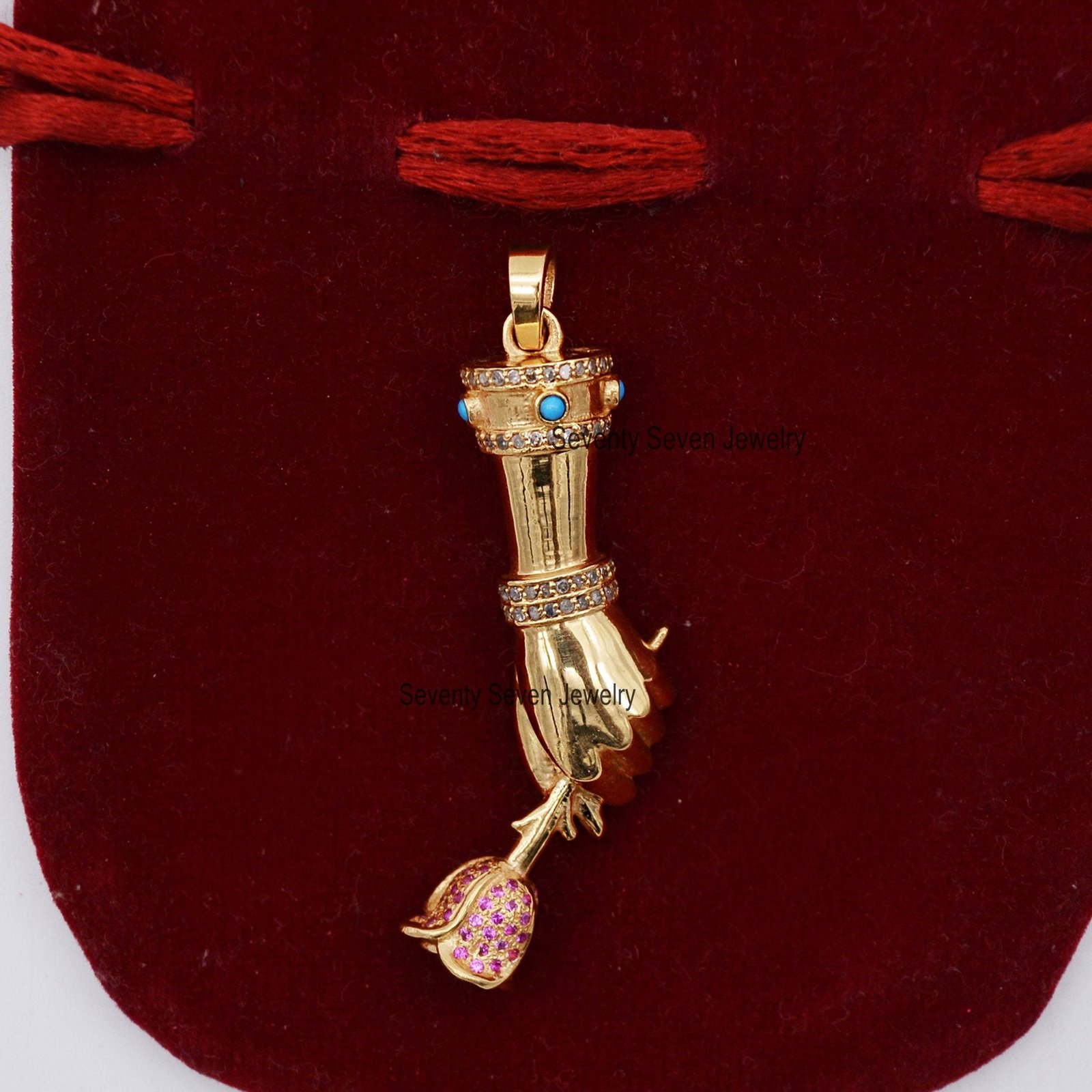 925 Silver Vermeil Figa Hand Pendant: Diamond, Turquoise, Ruby - View 5 - Seventy Seven Jewelry | SKU: SSMJP24-SLYGDITQRU-202 925 Silver Vermeil Figa Hand Pendant: Diamond, Turquoise, Ruby - View 5 - Seventy Seven Jewelry | SKU: SSMJP24-SLYGDITQRU-202