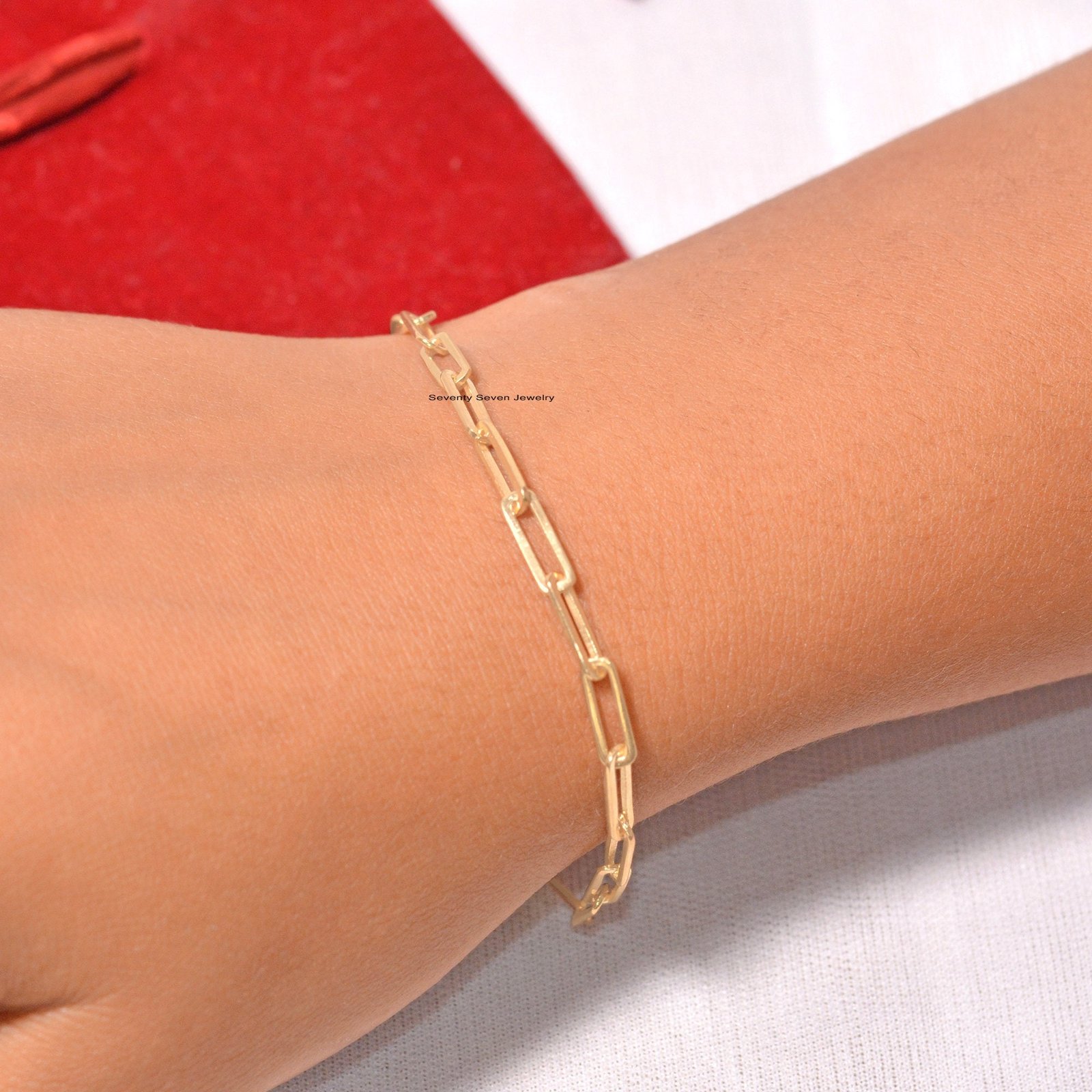925 Sterling Silver Paper Clip Chain Bracelet: Rectangle Link - Seventy Seven Jewelry | SKU: SSMJA229-SLYG-2026 925 Sterling Silver Paper Clip Chain Bracelet: Rectangle Link - Seventy Seven Jewelry | SKU: SSMJA229-SLYG-2026