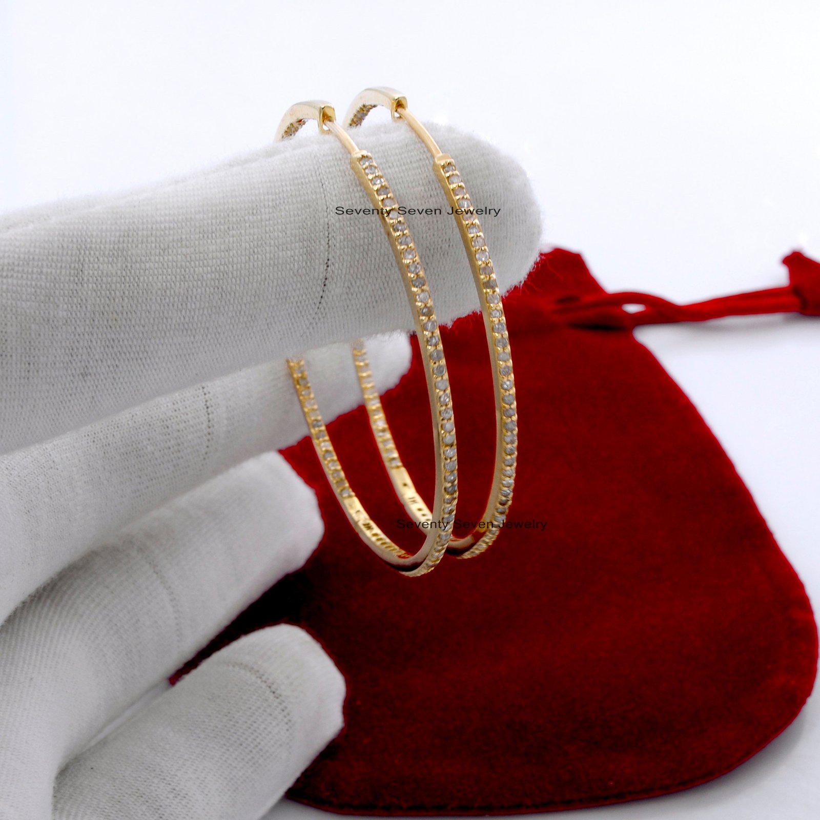 9K Gold Diamond Hoop Earrings: 50mm Long Huggies - View 3 - Seventy Seven Jewelry | SKU: SSMJE02-9KYGDI-2026,SSMJE02-9KYGAM,S 9K Gold Diamond Hoop Earrings: 50mm Long Huggies - View 3 - Seventy Seven Jewelry | SKU: SSMJE02-9KYGDI-2026,SSMJE02-9KYGAM,S