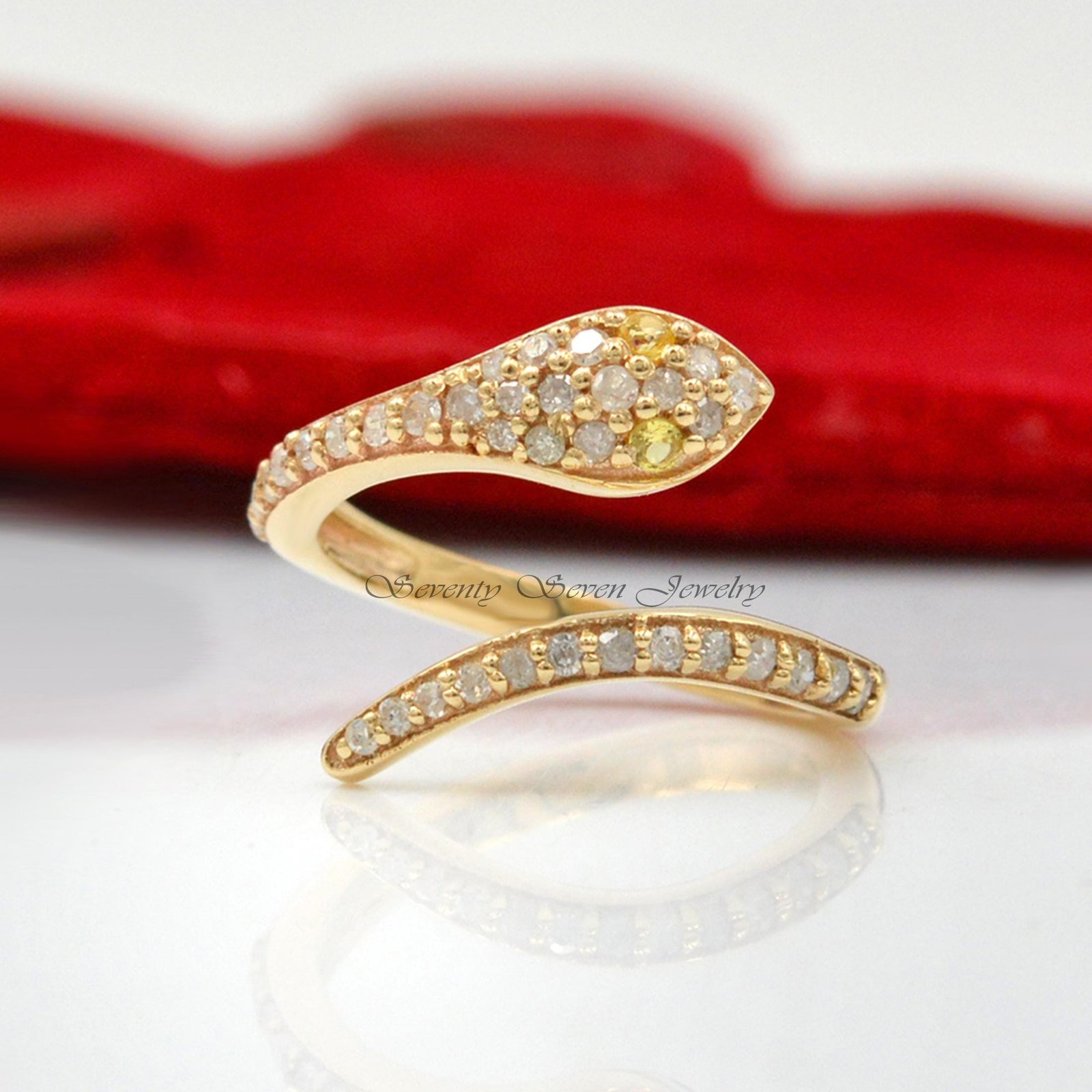 9K Gold Diamond Snake Ring: Gemstone Serpent Cuff - Seventy Seven Jewelry | SKU: SSMJR21-9KYGDITS-2026 9K Gold Diamond Snake Ring: Gemstone Serpent Cuff - Seventy Seven Jewelry | SKU: SSMJR21-9KYGDITS-2026