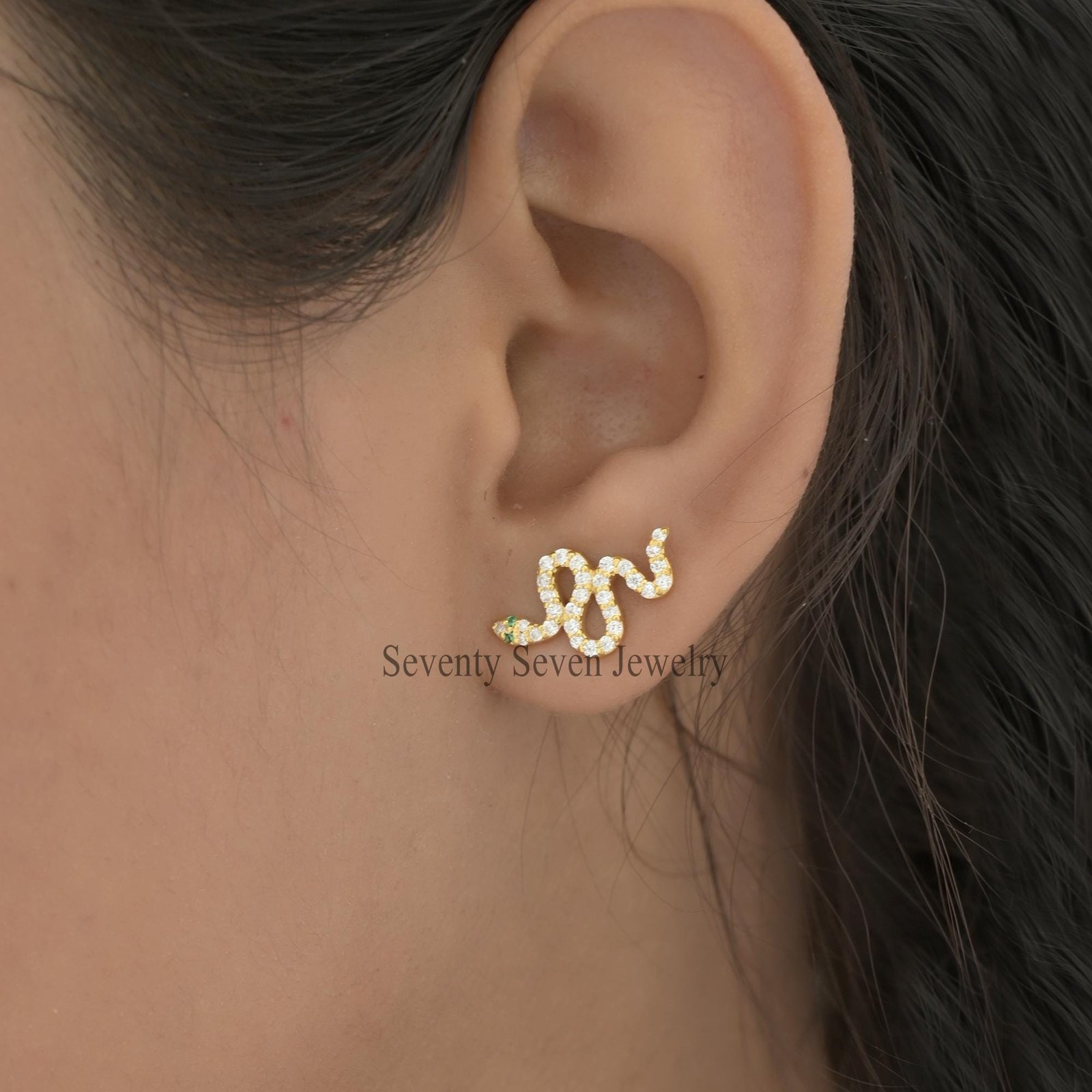 9K Gold Diamond Snake Stud Earrings: Slithering Cartilage Jewelry - View 2 - Seventy Seven Jewelry | SKU: SSMJE341-9KYGDIRU-2 9K Gold Diamond Snake Stud Earrings: Slithering Cartilage Jewelry - View 2 - Seventy Seven Jewelry | SKU: SSMJE341-9KYGDIRU-2