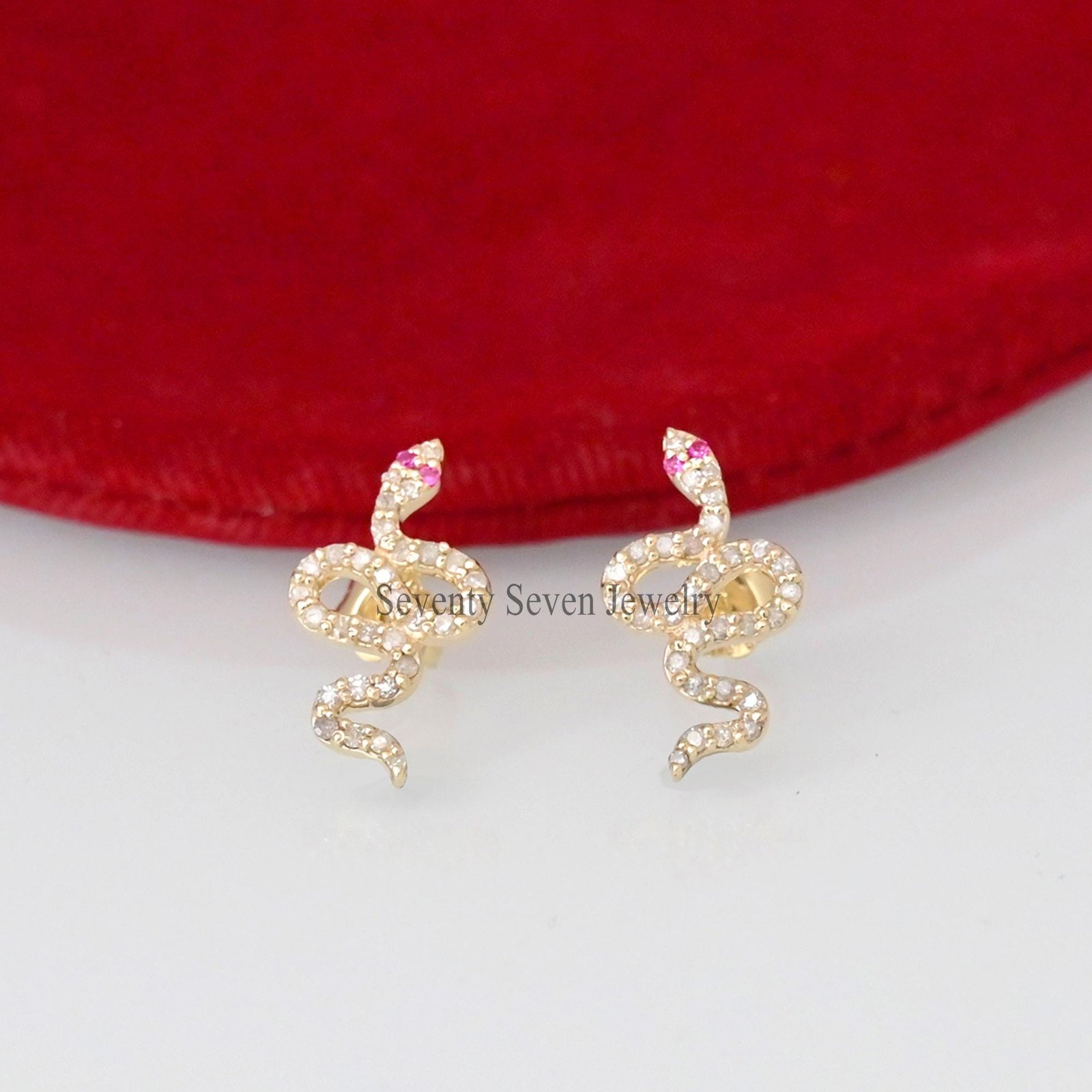 9K Gold Diamond Snake Stud Earrings: Slithering Cartilage Jewelry - View 6 - Seventy Seven Jewelry | SKU: SSMJE341-9KYGDIRU-2 9K Gold Diamond Snake Stud Earrings: Slithering Cartilage Jewelry - View 6 - Seventy Seven Jewelry | SKU: SSMJE341-9KYGDIRU-2