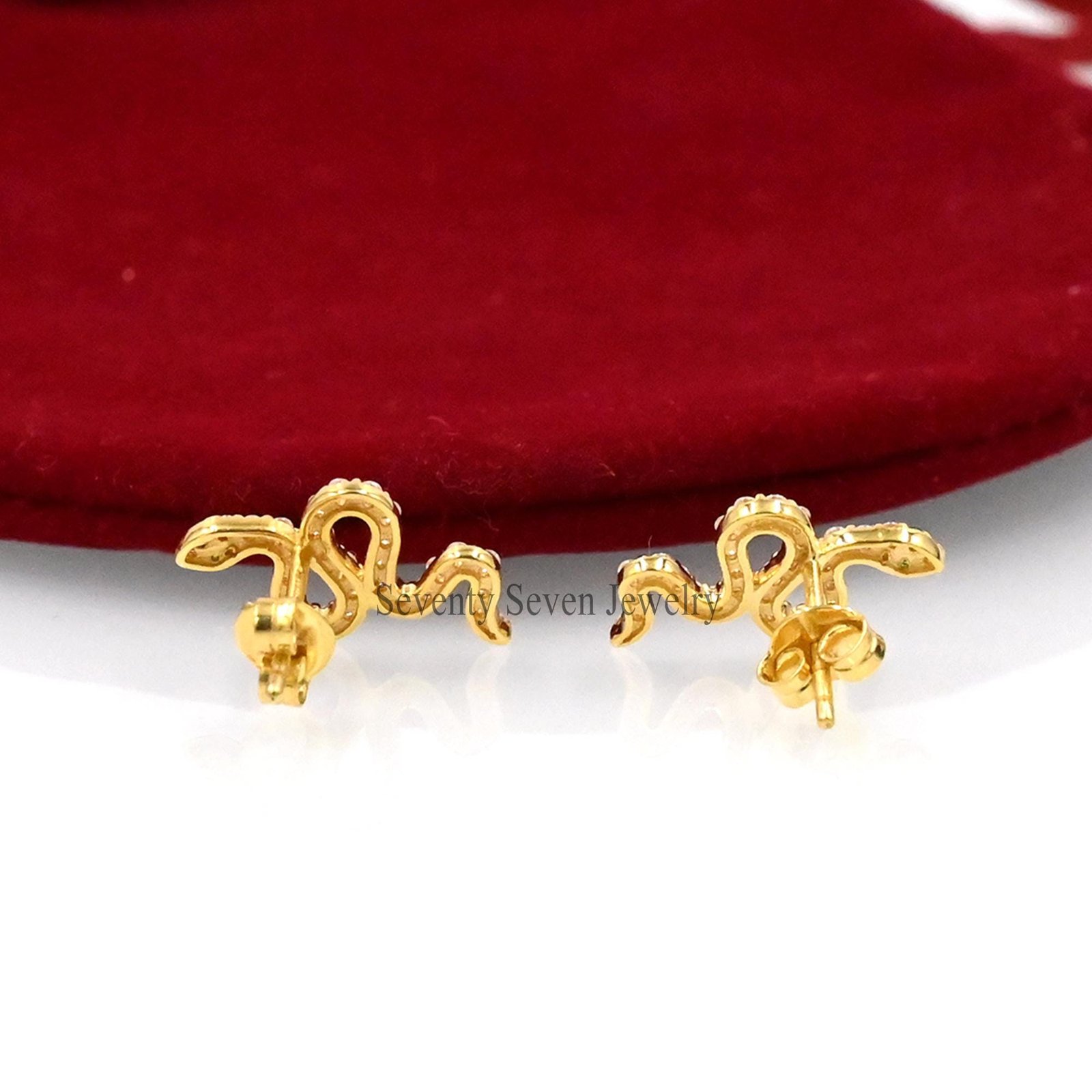 9K Gold Diamond Snake Stud Earrings: Slithering Cartilage Jewelry - View 7 - Seventy Seven Jewelry | SKU: SSMJE341-9KYGDIRU-2 9K Gold Diamond Snake Stud Earrings: Slithering Cartilage Jewelry - View 7 - Seventy Seven Jewelry | SKU: SSMJE341-9KYGDIRU-2
