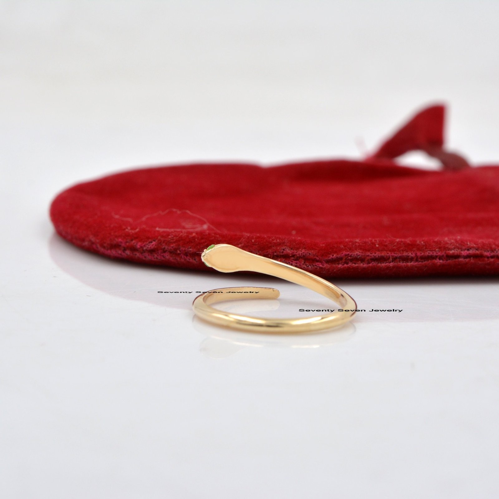 9k Gold Emerald Snake Ring: Dainty Serpent Stacking Band - View 6 - Seventy Seven Jewelry | SKU: SSMJR03-9KYGDI-2026 9k Gold Emerald Snake Ring: Dainty Serpent Stacking Band - View 6 - Seventy Seven Jewelry | SKU: SSMJR03-9KYGDI-2026