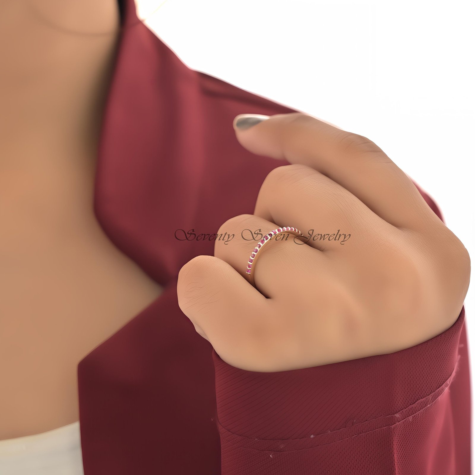 9k Gold Ruby Eternity Band: Minimalist Micro Pave Wedding Ring - View 3 - Seventy Seven Jewelry | SKU: SSMJR51-9KYGRU-2026 9k Gold Ruby Eternity Band: Minimalist Micro Pave Wedding Ring - View 3 - Seventy Seven Jewelry | SKU: SSMJR51-9KYGRU-2026
