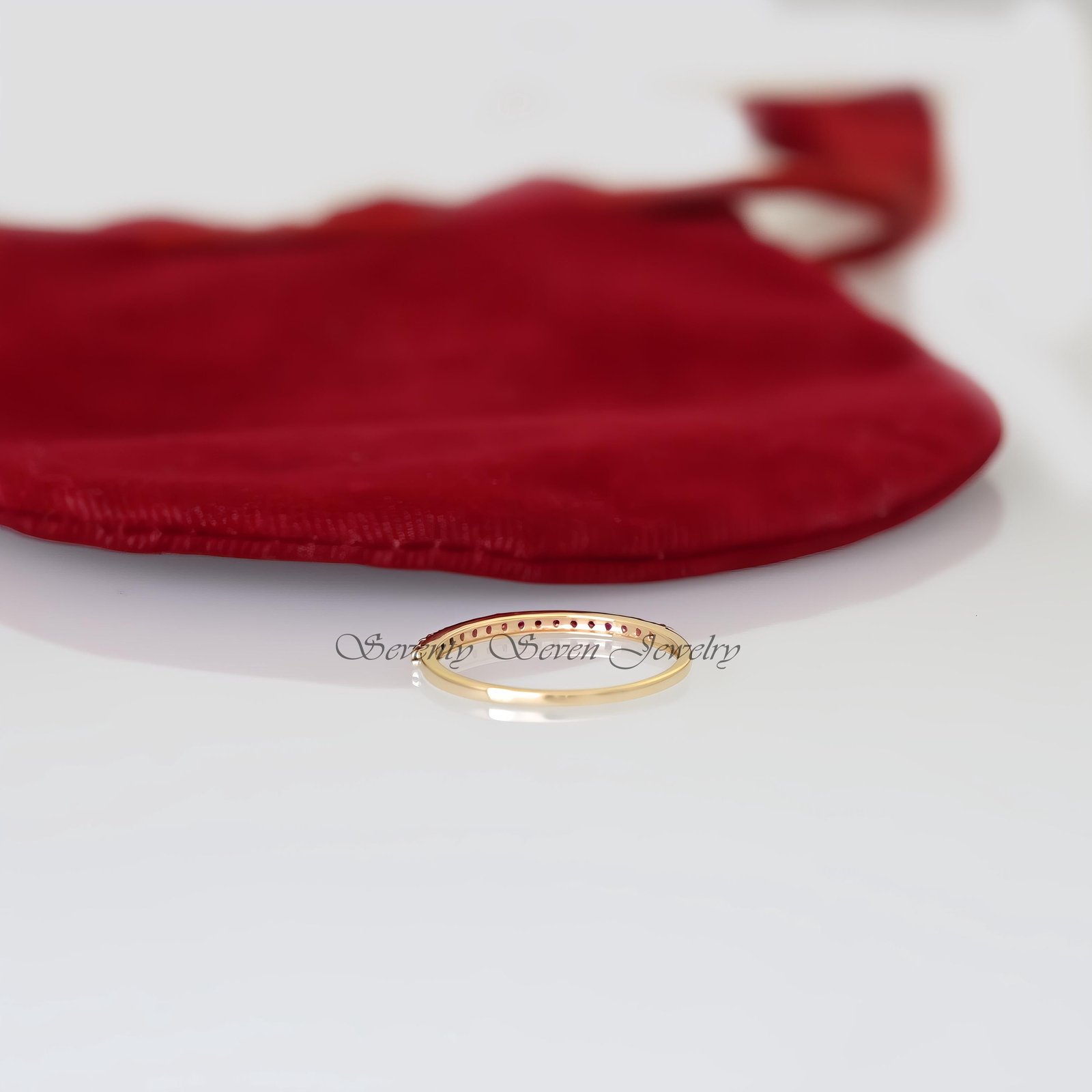 9k Gold Ruby Eternity Band: Minimalist Micro Pave Wedding Ring - View 7 - Seventy Seven Jewelry | SKU: SSMJR51-9KYGRU-2026 9k Gold Ruby Eternity Band: Minimalist Micro Pave Wedding Ring - View 7 - Seventy Seven Jewelry | SKU: SSMJR51-9KYGRU-2026