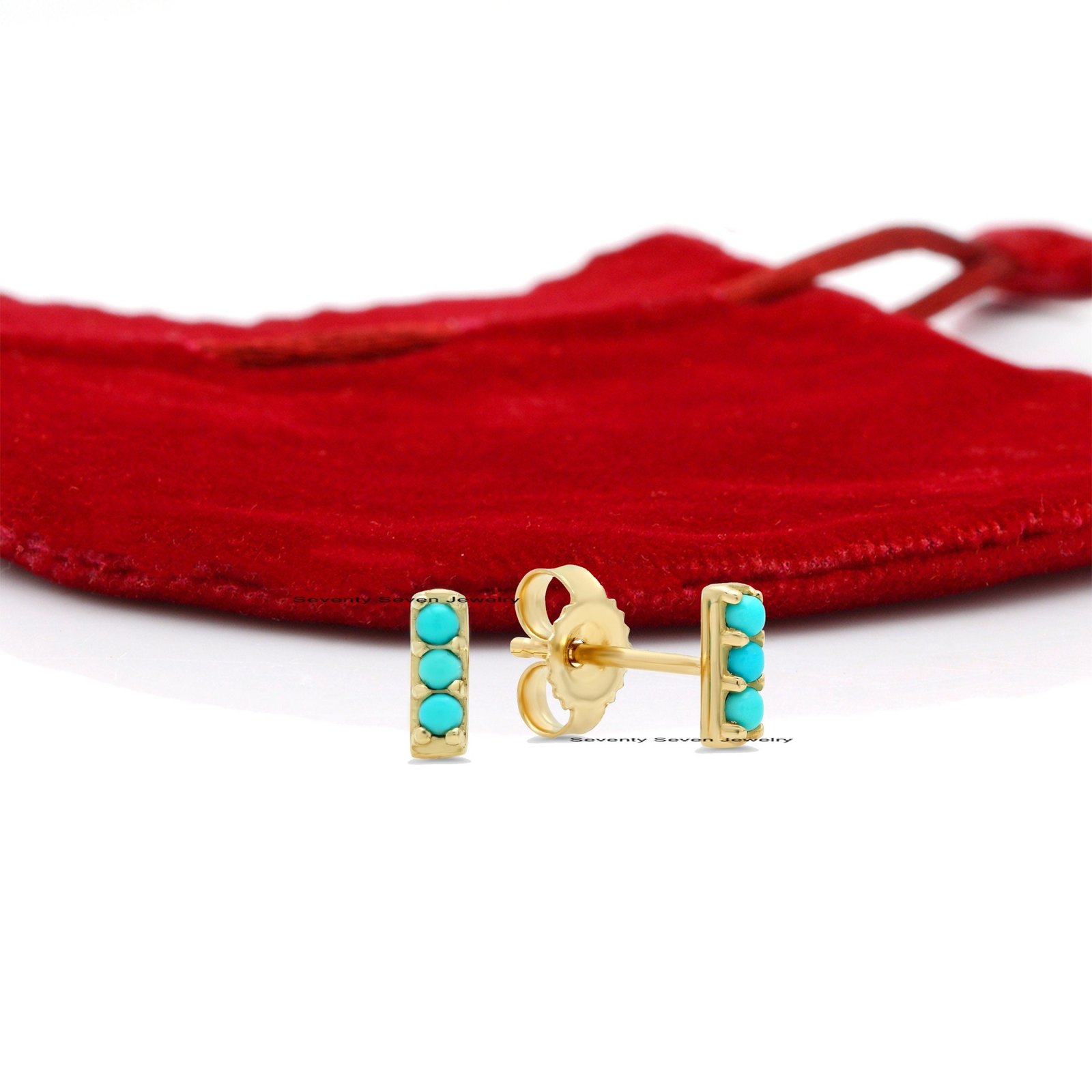 9K Gold Turquoise Bar Stud Earrings: Minimalist Dainty Studs - Seventy Seven Jewelry | SKU: SSMJE842-9KYGDI-2026 9K Gold Turquoise Bar Stud Earrings: Minimalist Dainty Studs - Seventy Seven Jewelry | SKU: SSMJE842-9KYGDI-2026
