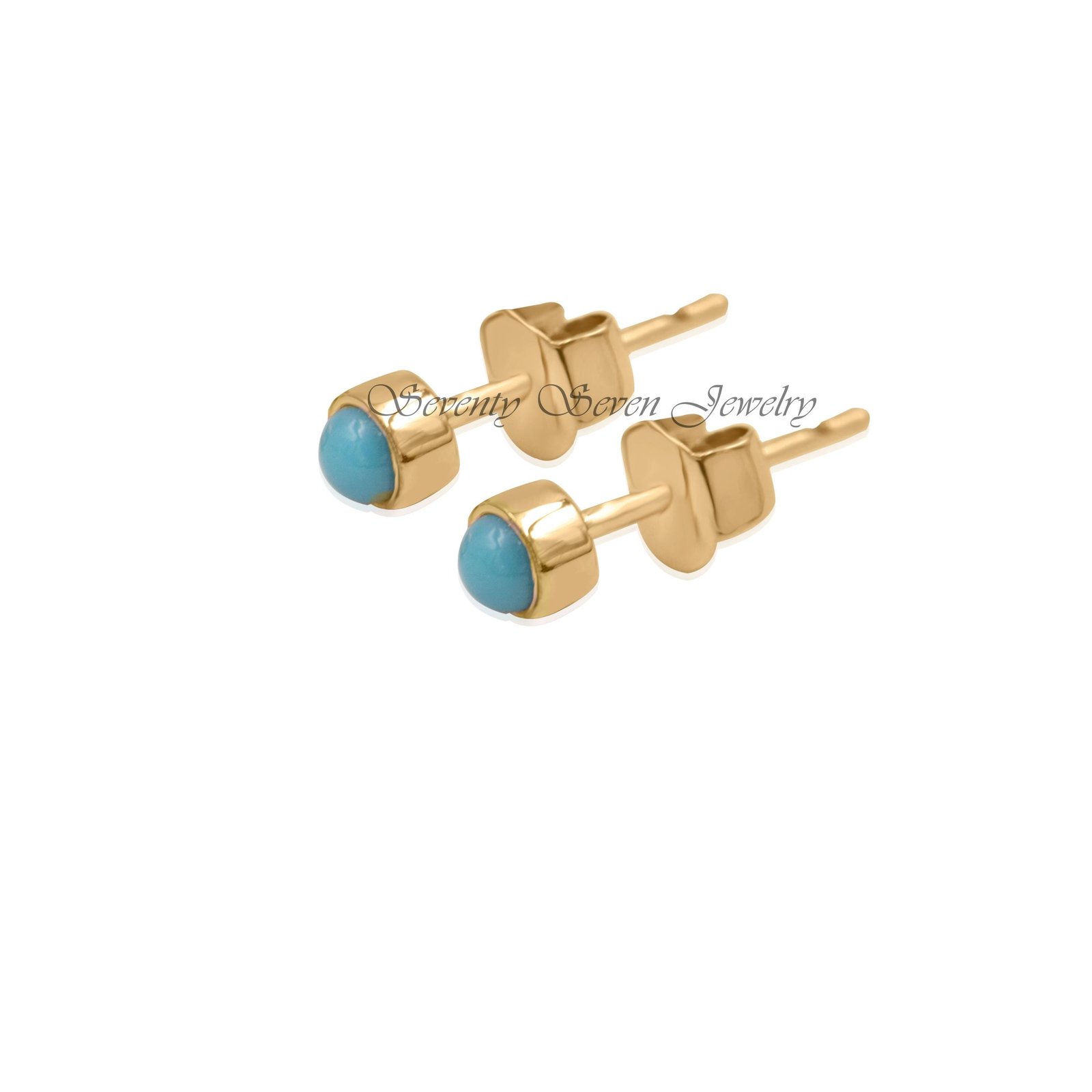 9k Gold Turquoise Studs: Round Gemstone Earrings (4 MM) - View 2 - Seventy Seven Jewelry | SKU: SSMJE445-9KYGTQ-2026 9k Gold Turquoise Studs: Round Gemstone Earrings (4 MM) - View 2 - Seventy Seven Jewelry | SKU: SSMJE445-9KYGTQ-2026