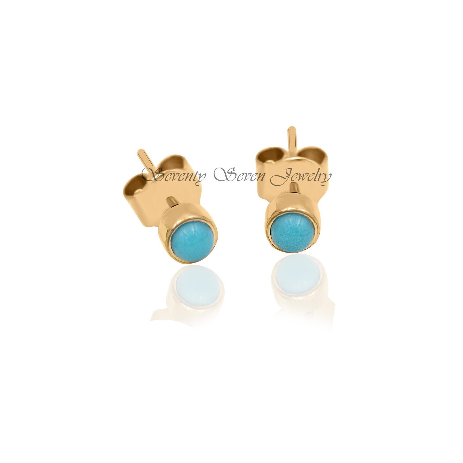 9k Gold Turquoise Studs: Round Gemstone Earrings (4 MM) - View 3 - Seventy Seven Jewelry | SKU: SSMJE445-9KYGTQ-2026 9k Gold Turquoise Studs: Round Gemstone Earrings (4 MM) - View 3 - Seventy Seven Jewelry | SKU: SSMJE445-9KYGTQ-2026