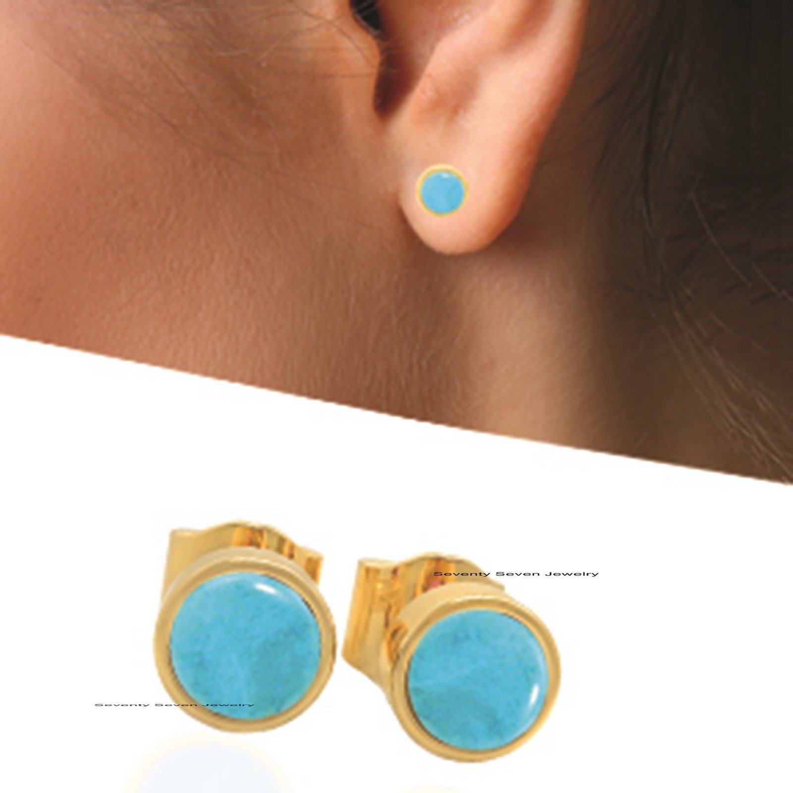 9k Gold Turquoise Studs: Round Gemstone Earrings (4 MM) - View 4 - Seventy Seven Jewelry | SKU: SSMJE445-9KYGTQ-2026 9k Gold Turquoise Studs: Round Gemstone Earrings (4 MM) - View 4 - Seventy Seven Jewelry | SKU: SSMJE445-9KYGTQ-2026