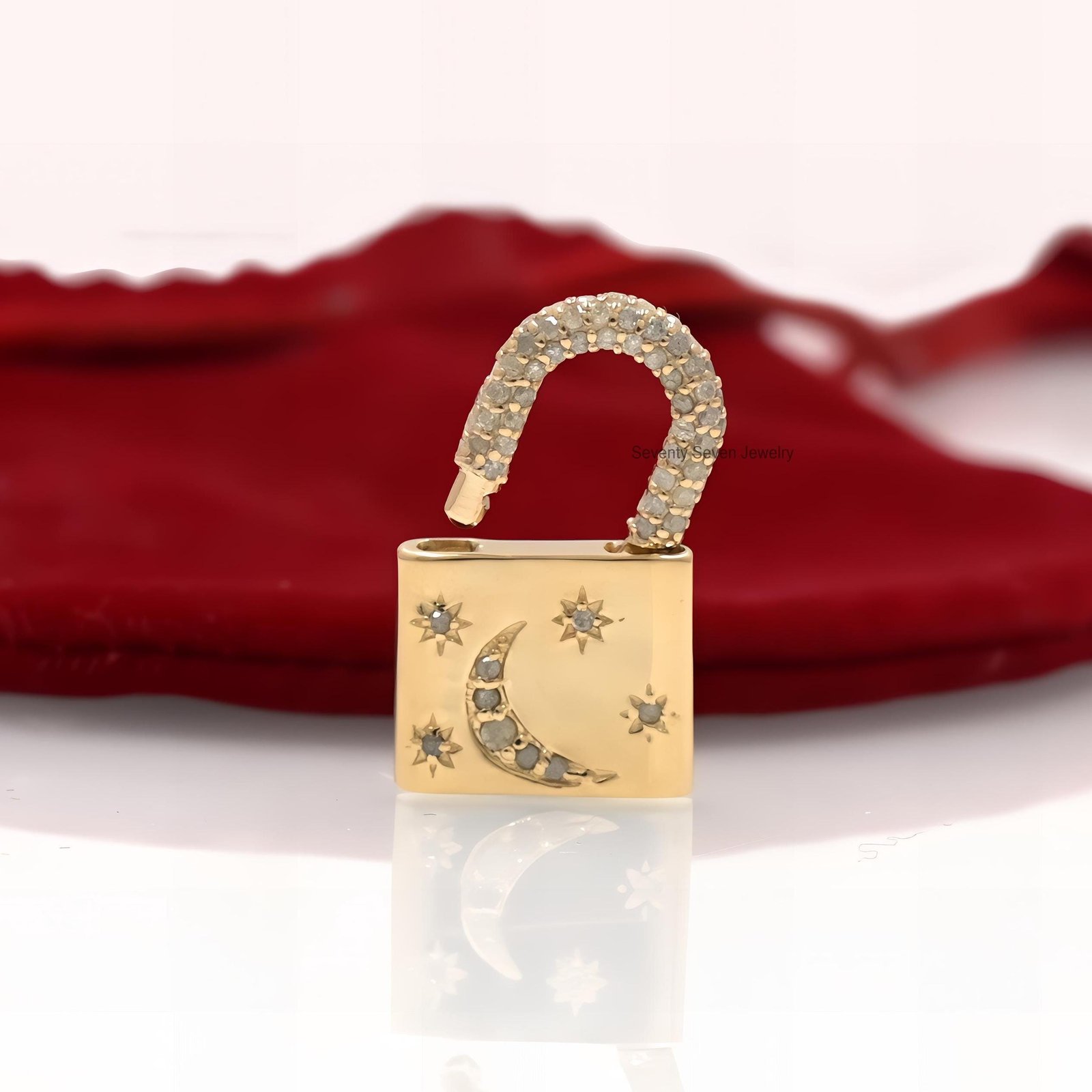 9K Solid Gold Pave Diamond Padlock Pendant: Moon & Star Jewelry - Seventy Seven Jewelry | SKU: SSMJP43-9KYGPSP,SSMJP43-9KYGDI 9K Solid Gold Pave Diamond Padlock Pendant: Moon & Star Jewelry - Seventy Seven Jewelry | SKU: SSMJP43-9KYGPSP,SSMJP43-9KYGDI