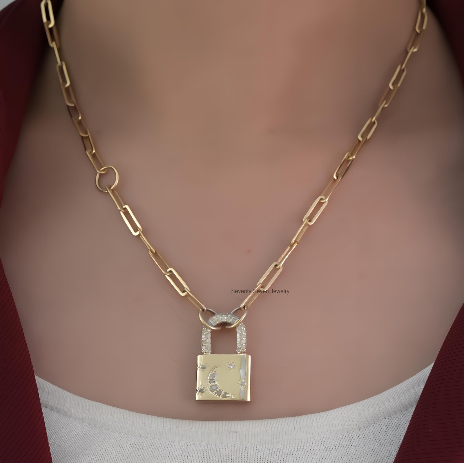 9K Solid Gold Pave Diamond Padlock Pendant: Moon & Star Jewelry - View 2 - Seventy Seven Jewelry | SKU: SSMJP43-9KYGPSP,SSMJP 9K Solid Gold Pave Diamond Padlock Pendant: Moon & Star Jewelry - View 2 - Seventy Seven Jewelry | SKU: SSMJP43-9KYGPSP,SSMJP