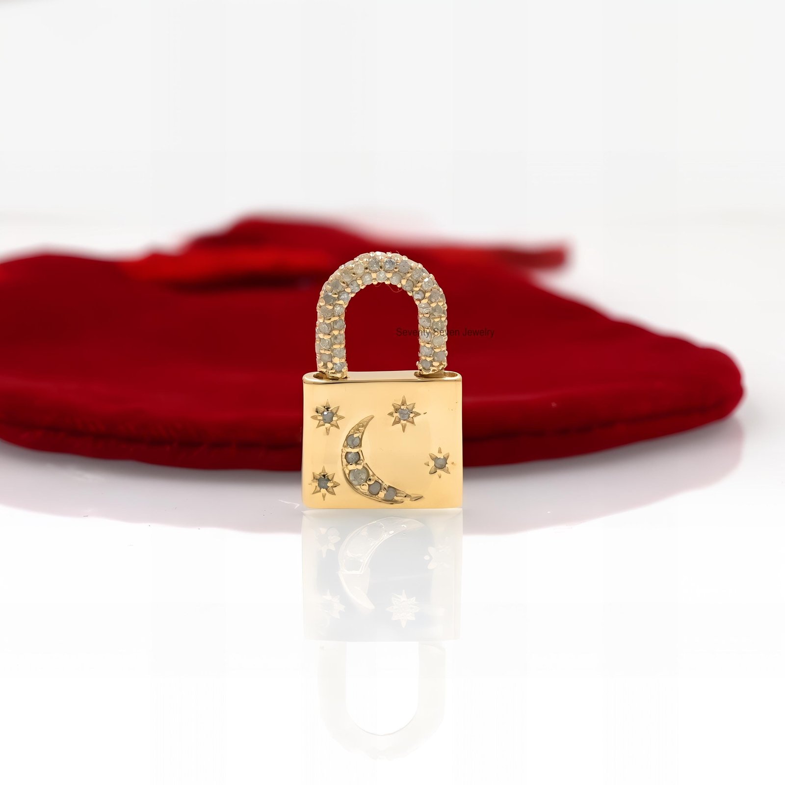 9K Solid Gold Pave Diamond Padlock Pendant: Moon & Star Jewelry - View 4 - Seventy Seven Jewelry | SKU: SSMJP43-9KYGPSP,SSMJP 9K Solid Gold Pave Diamond Padlock Pendant: Moon & Star Jewelry - View 4 - Seventy Seven Jewelry | SKU: SSMJP43-9KYGPSP,SSMJP
