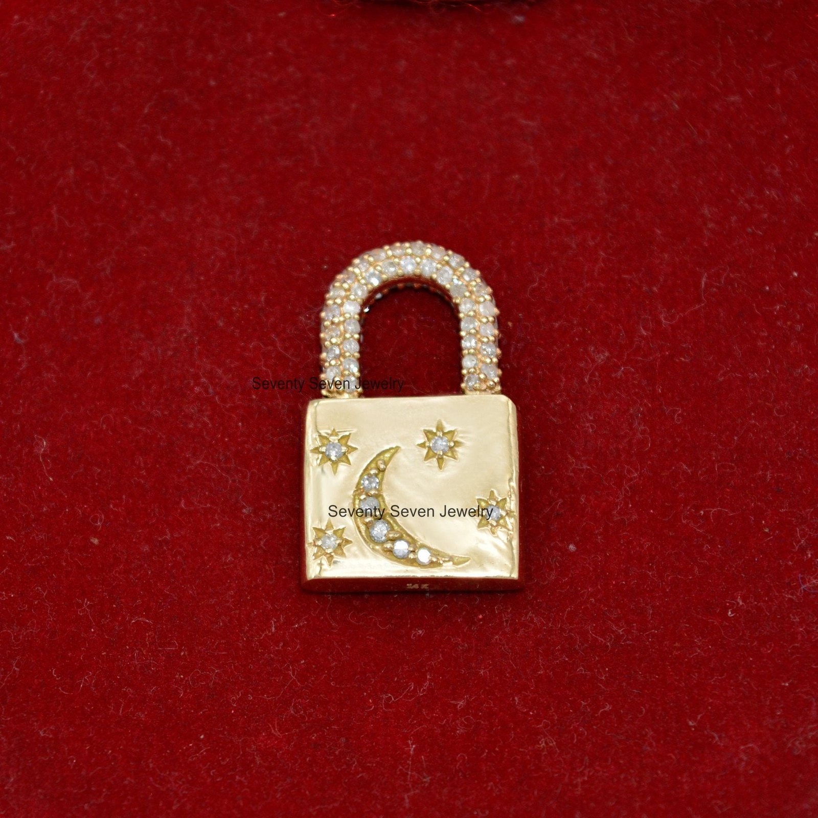 9K Solid Gold Pave Diamond Padlock Pendant: Moon & Star Jewelry - View 6 - Seventy Seven Jewelry | SKU: SSMJP43-9KYGPSP,SSMJP 9K Solid Gold Pave Diamond Padlock Pendant: Moon & Star Jewelry - View 6 - Seventy Seven Jewelry | SKU: SSMJP43-9KYGPSP,SSMJP