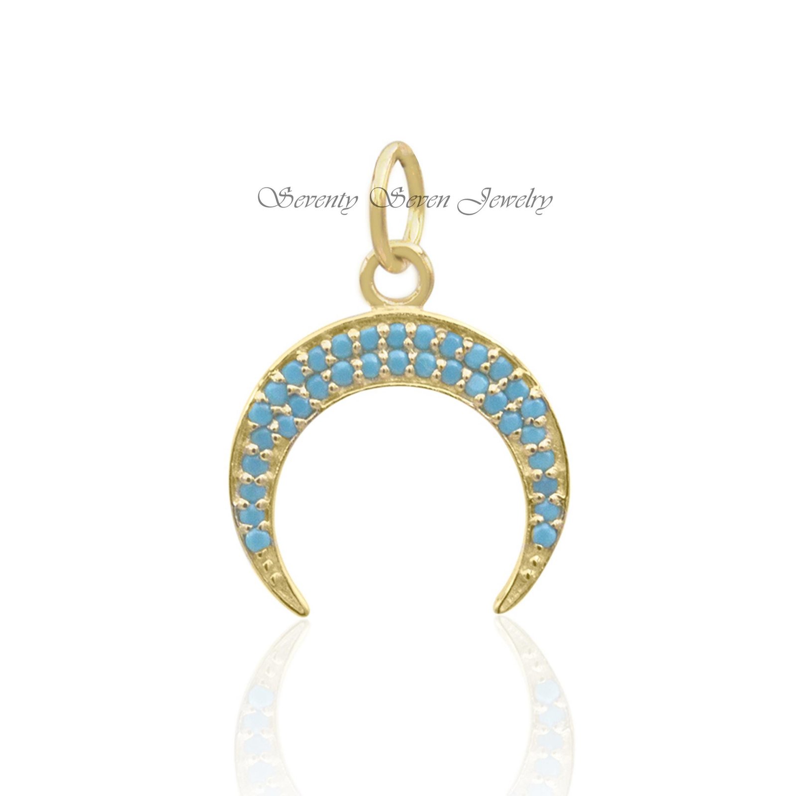 Diamond Crescent 9k Gold Half Moon Pendant, Dainty Cresent Charm with Blue Gemstones - Seventy Seven Jewelry | SKU: SSMJP462- Diamond Crescent 9k Gold Half Moon Pendant, Dainty Cresent Charm with Blue Gemstones - Seventy Seven Jewelry | SKU: SSMJP462-