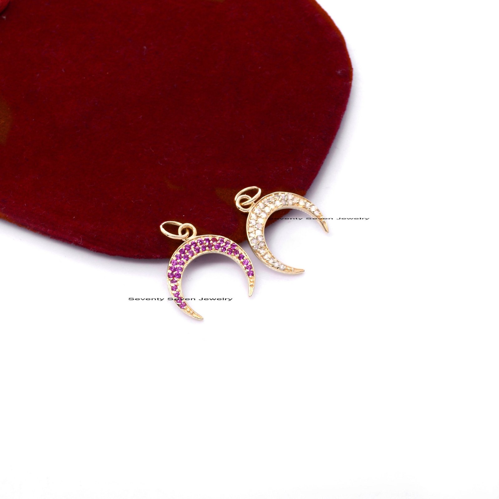 Diamond Crescent 9k Gold Half Moon Pendant, Dainty Cresent Charm with Blue Gemstones - View 2 - Seventy Seven Jewelry | SKU: Diamond Crescent 9k Gold Half Moon Pendant, Dainty Cresent Charm with Blue Gemstones - View 2 - Seventy Seven Jewelry | SKU: