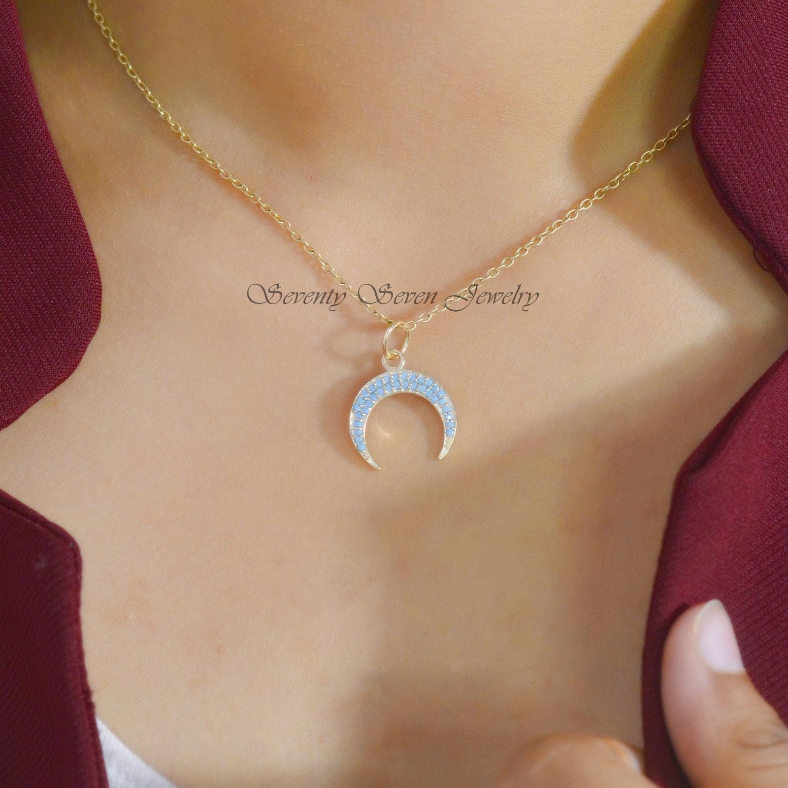 Diamond Crescent 9k Gold Half Moon Pendant, Dainty Cresent Charm with Blue Gemstones - View 3 - Seventy Seven Jewelry | SKU: Diamond Crescent 9k Gold Half Moon Pendant, Dainty Cresent Charm with Blue Gemstones - View 3 - Seventy Seven Jewelry | SKU:
