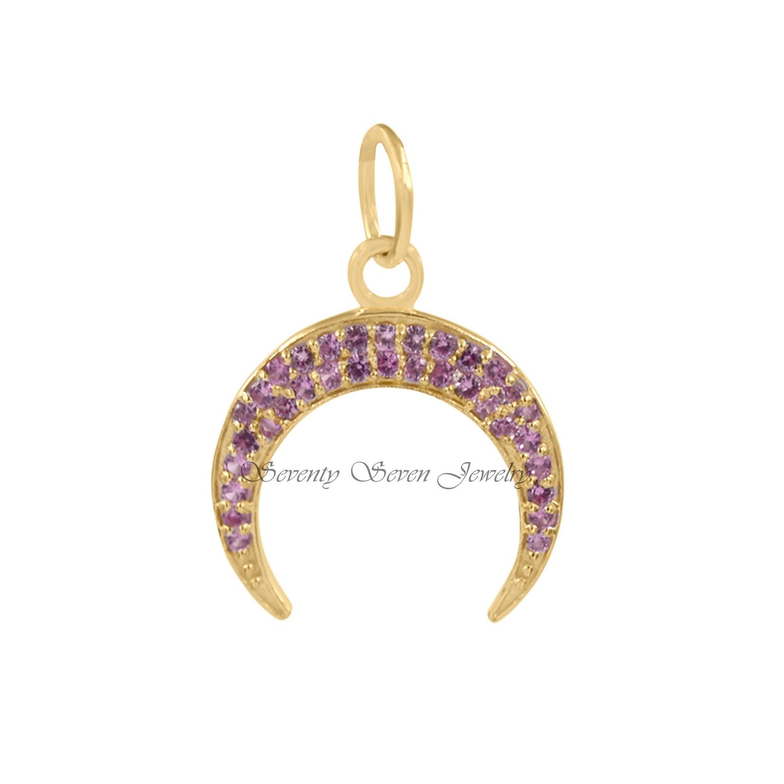 Diamond Crescent 9k Gold Half Moon Pendant, Dainty Cresent Charm with Blue Gemstones - View 4 - Seventy Seven Jewelry | SKU: Diamond Crescent 9k Gold Half Moon Pendant, Dainty Cresent Charm with Blue Gemstones - View 4 - Seventy Seven Jewelry | SKU: