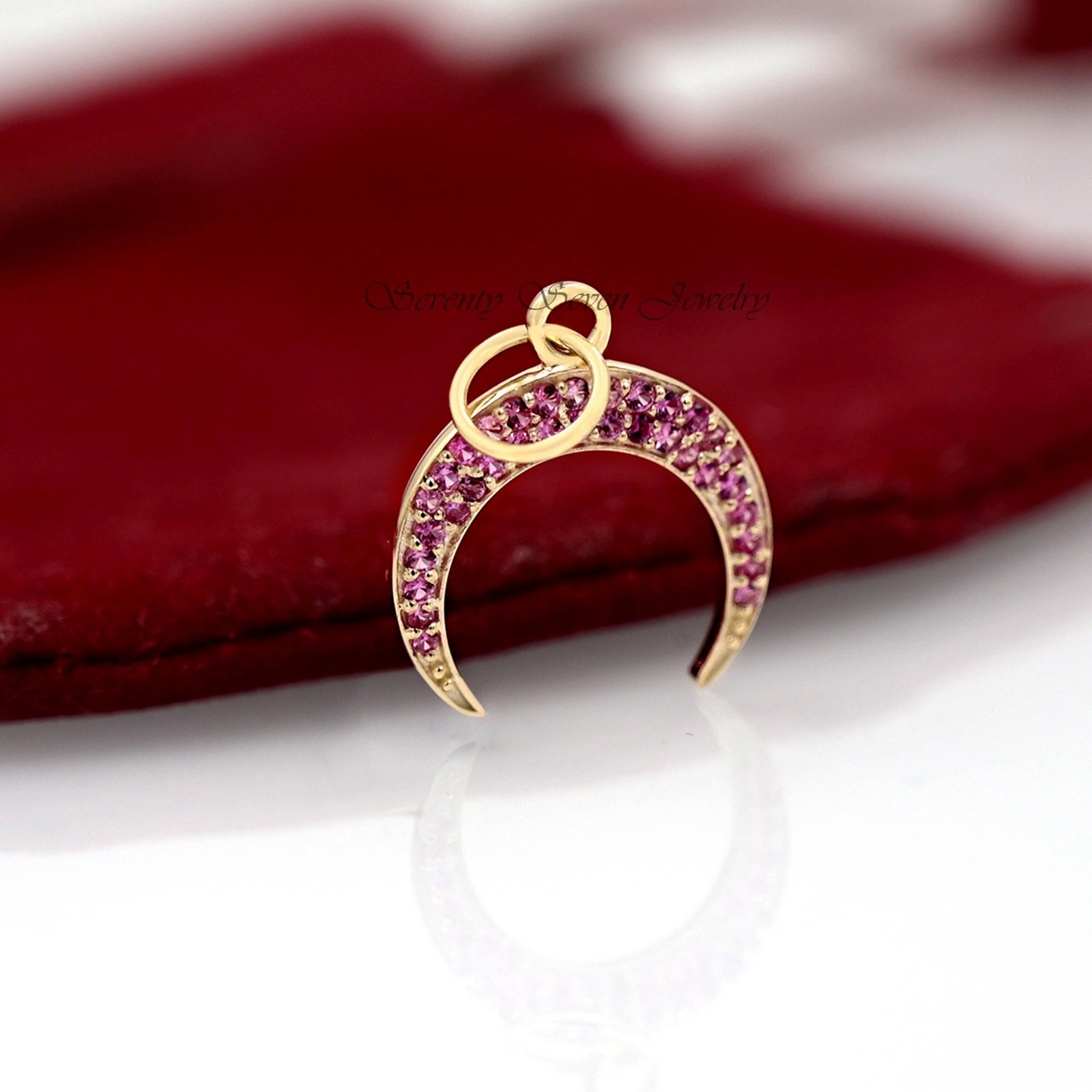 Diamond Crescent 9k Gold Half Moon Pendant, Dainty Cresent Charm with Blue Gemstones - View 5 - Seventy Seven Jewelry | SKU: Diamond Crescent 9k Gold Half Moon Pendant, Dainty Cresent Charm with Blue Gemstones - View 5 - Seventy Seven Jewelry | SKU: