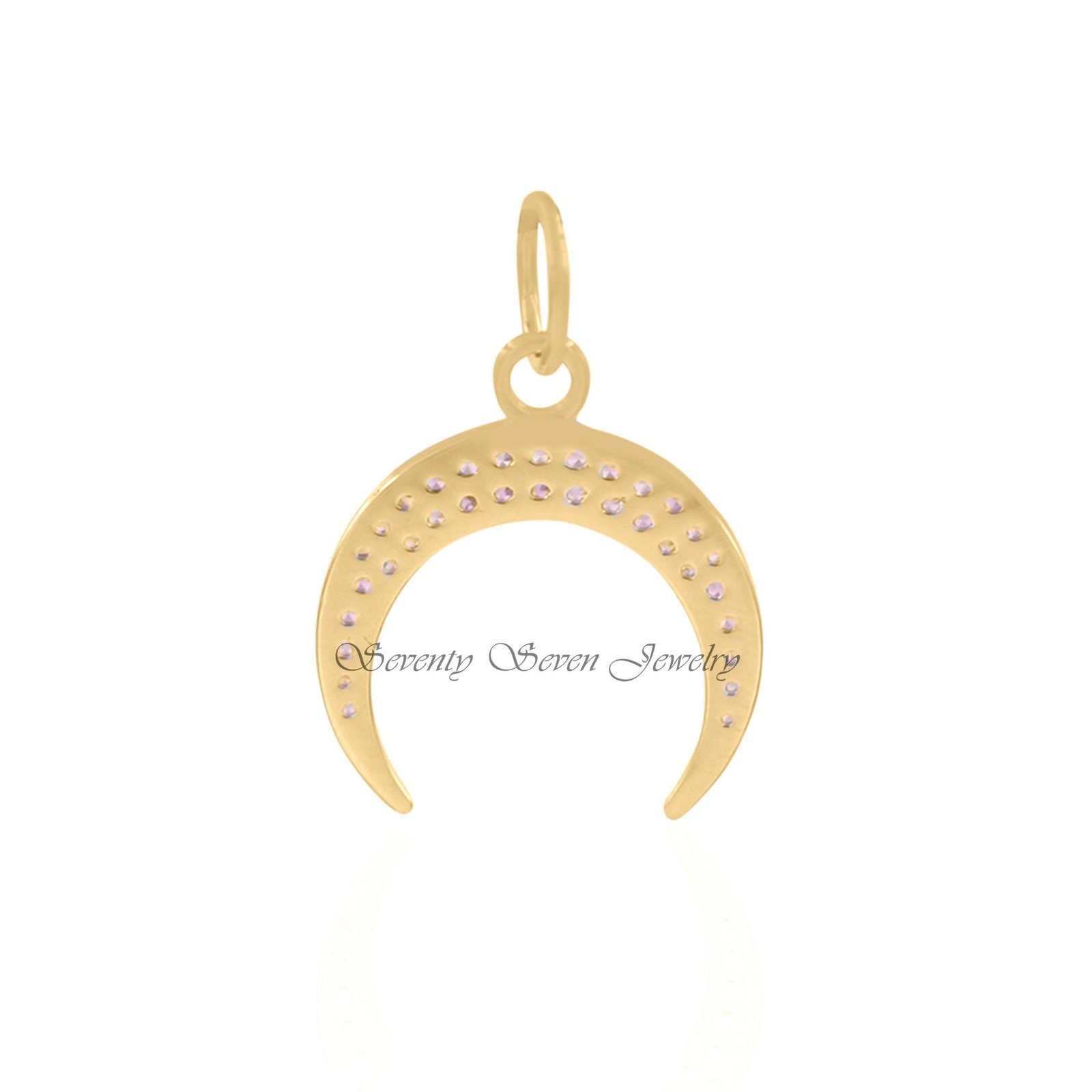 Diamond Crescent 9k Gold Half Moon Pendant, Dainty Cresent Charm with Blue Gemstones - View 6 - Seventy Seven Jewelry | SKU: Diamond Crescent 9k Gold Half Moon Pendant, Dainty Cresent Charm with Blue Gemstones - View 6 - Seventy Seven Jewelry | SKU: