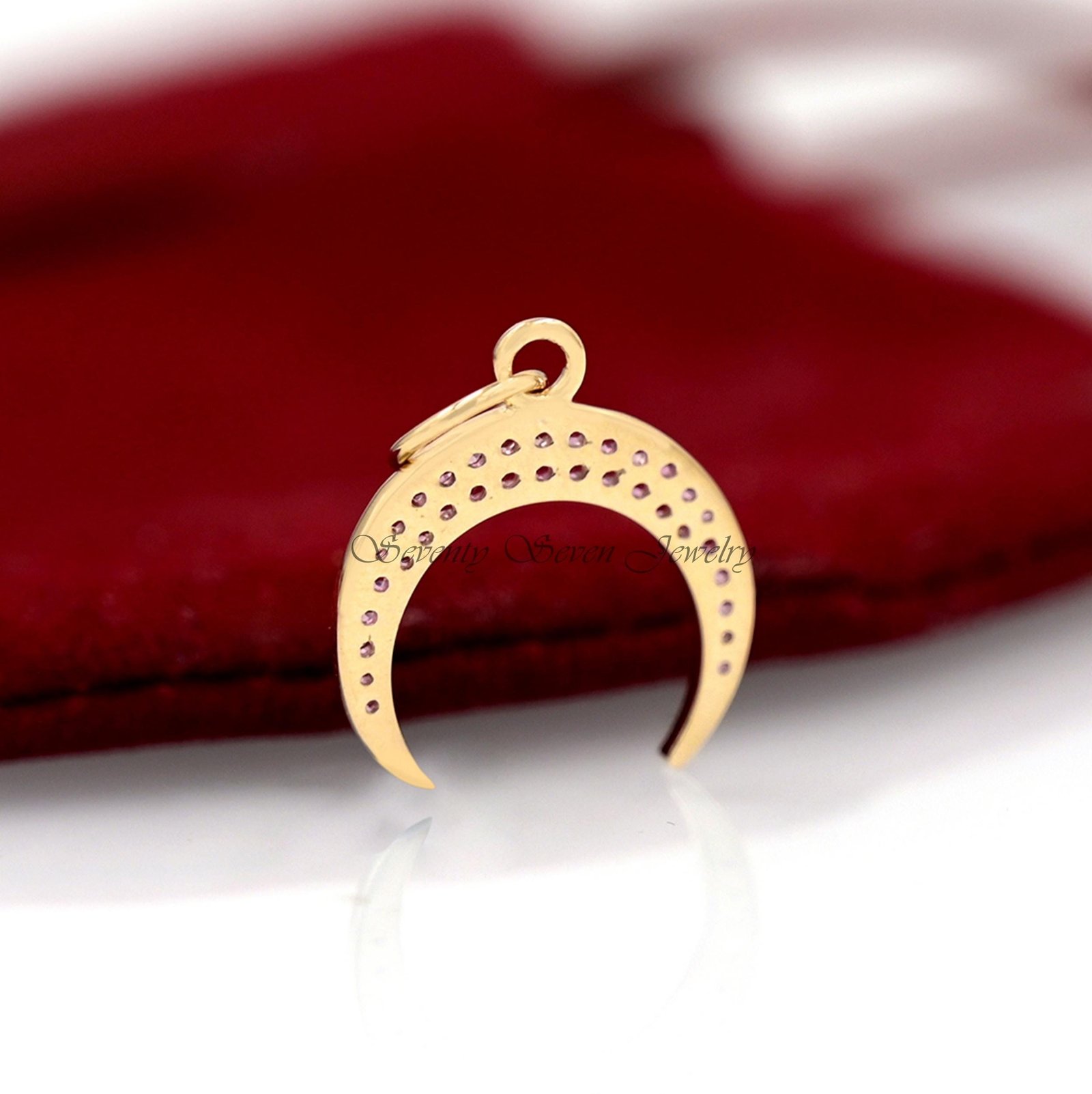 Diamond Crescent 9k Gold Half Moon Pendant, Dainty Cresent Charm with Blue Gemstones - View 7 - Seventy Seven Jewelry | SKU: Diamond Crescent 9k Gold Half Moon Pendant, Dainty Cresent Charm with Blue Gemstones - View 7 - Seventy Seven Jewelry | SKU: