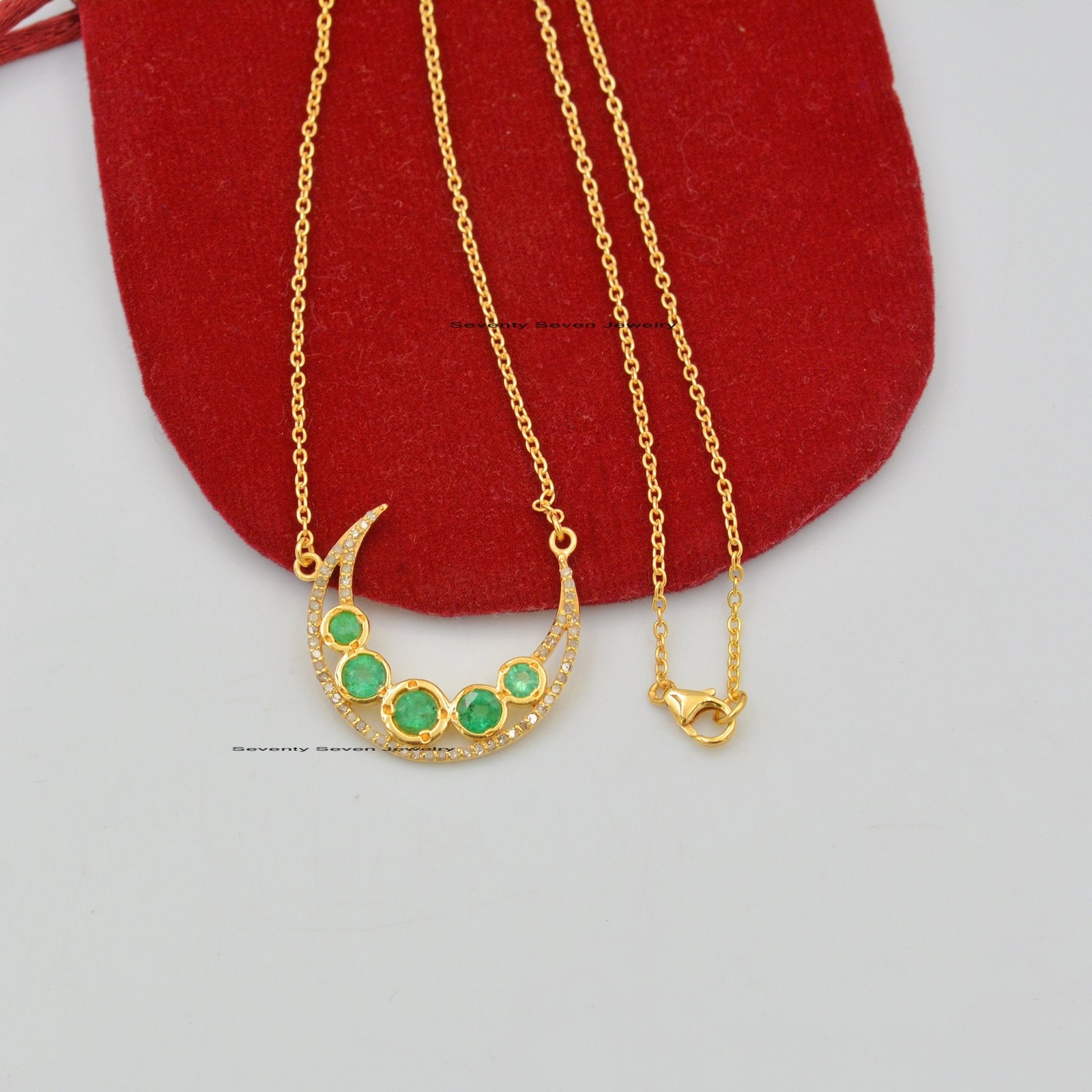 Diamond Emerald Crescent Moon Pendant Necklace: 925 Silver - Seventy Seven Jewelry | SKU: SSMJN254-SLYGDIEM-16I-V Diamond Emerald Crescent Moon Pendant Necklace: 925 Silver - Seventy Seven Jewelry | SKU: SSMJN254-SLYGDIEM-16I-V