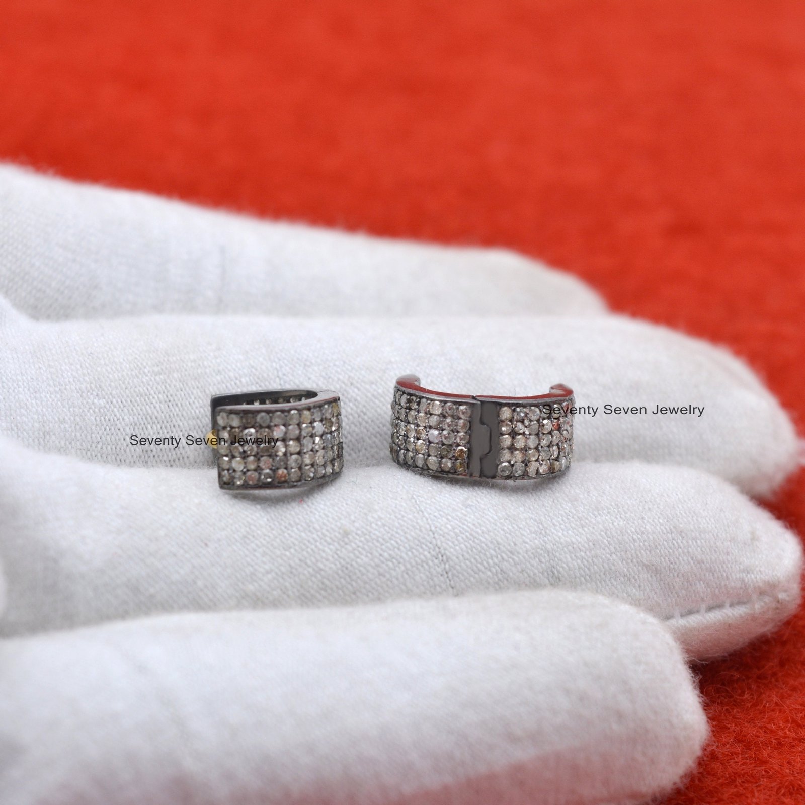 Diamond Huggies: 925 Silver Pave Hoop Earrings - View 6 - Seventy Seven Jewelry | SKU: SSMJE217-SLRHYGDI-2026 Diamond Huggies: 925 Silver Pave Hoop Earrings - View 6 - Seventy Seven Jewelry | SKU: SSMJE217-SLRHYGDI-2026