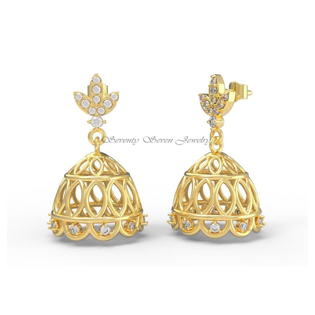Diamond Jhumka Earrings in 14K Gold, 9K, Sterling Silver | Lab Diamonds, Moissanite - Seventy Seven Jewelry | SKU: SSMJE1044- Diamond Jhumka Earrings in 14K Gold, 9K, Sterling Silver | Lab Diamonds, Moissanite - Seventy Seven Jewelry | SKU: SSMJE1044-