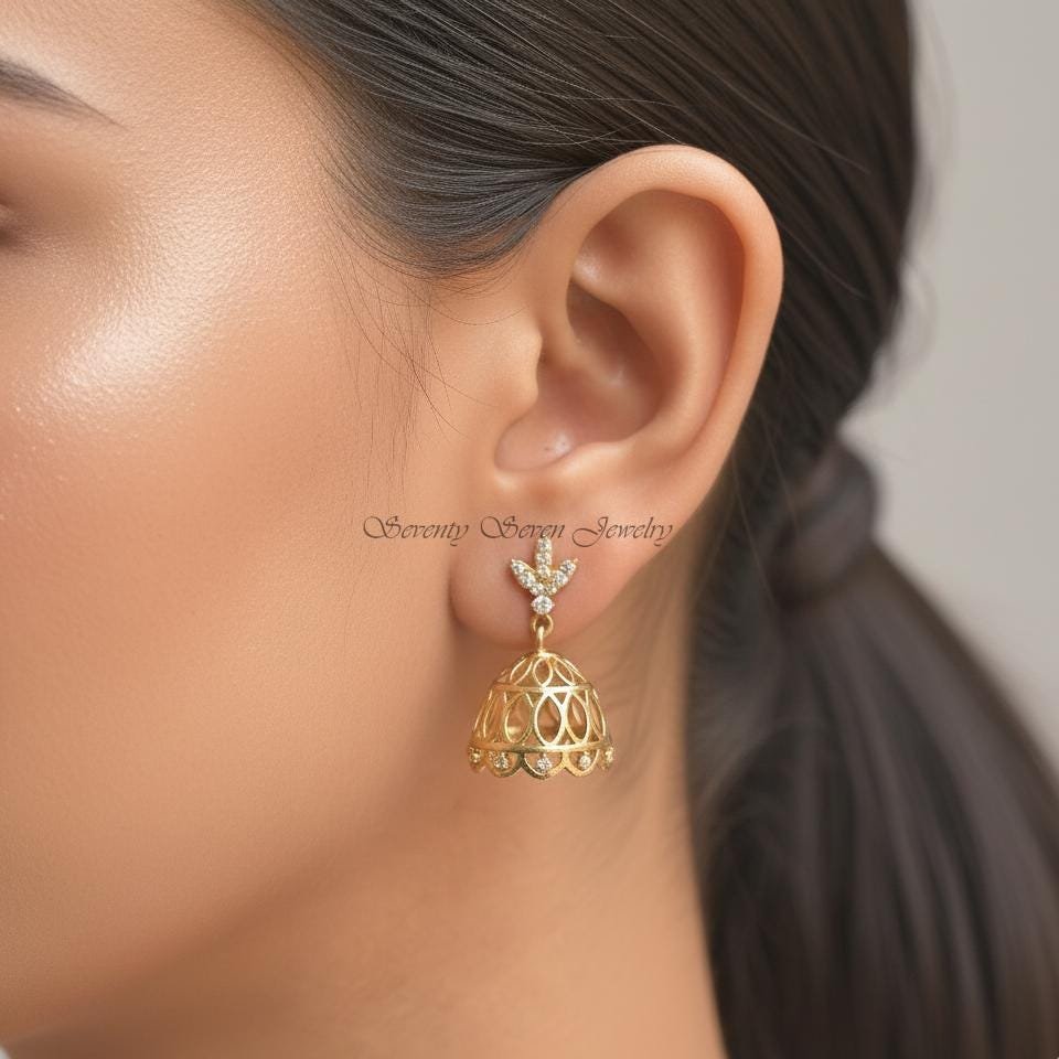 Diamond Jhumka Earrings in 14K Gold, 9K, Sterling Silver | Lab Diamonds, Moissanite - View 2 - Seventy Seven Jewelry | SKU: S Diamond Jhumka Earrings in 14K Gold, 9K, Sterling Silver | Lab Diamonds, Moissanite - View 2 - Seventy Seven Jewelry | SKU: S
