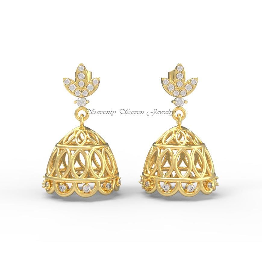 Diamond Jhumka Earrings in 14K Gold, 9K, Sterling Silver | Lab Diamonds, Moissanite - View 3 - Seventy Seven Jewelry | SKU: S Diamond Jhumka Earrings in 14K Gold, 9K, Sterling Silver | Lab Diamonds, Moissanite - View 3 - Seventy Seven Jewelry | SKU: S