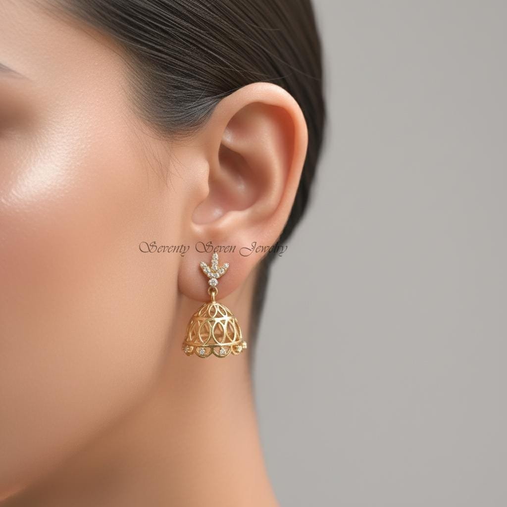 Diamond Jhumka Earrings in 14K Gold, 9K, Sterling Silver | Lab Diamonds, Moissanite - View 4 - Seventy Seven Jewelry | SKU: S Diamond Jhumka Earrings in 14K Gold, 9K, Sterling Silver | Lab Diamonds, Moissanite - View 4 - Seventy Seven Jewelry | SKU: S