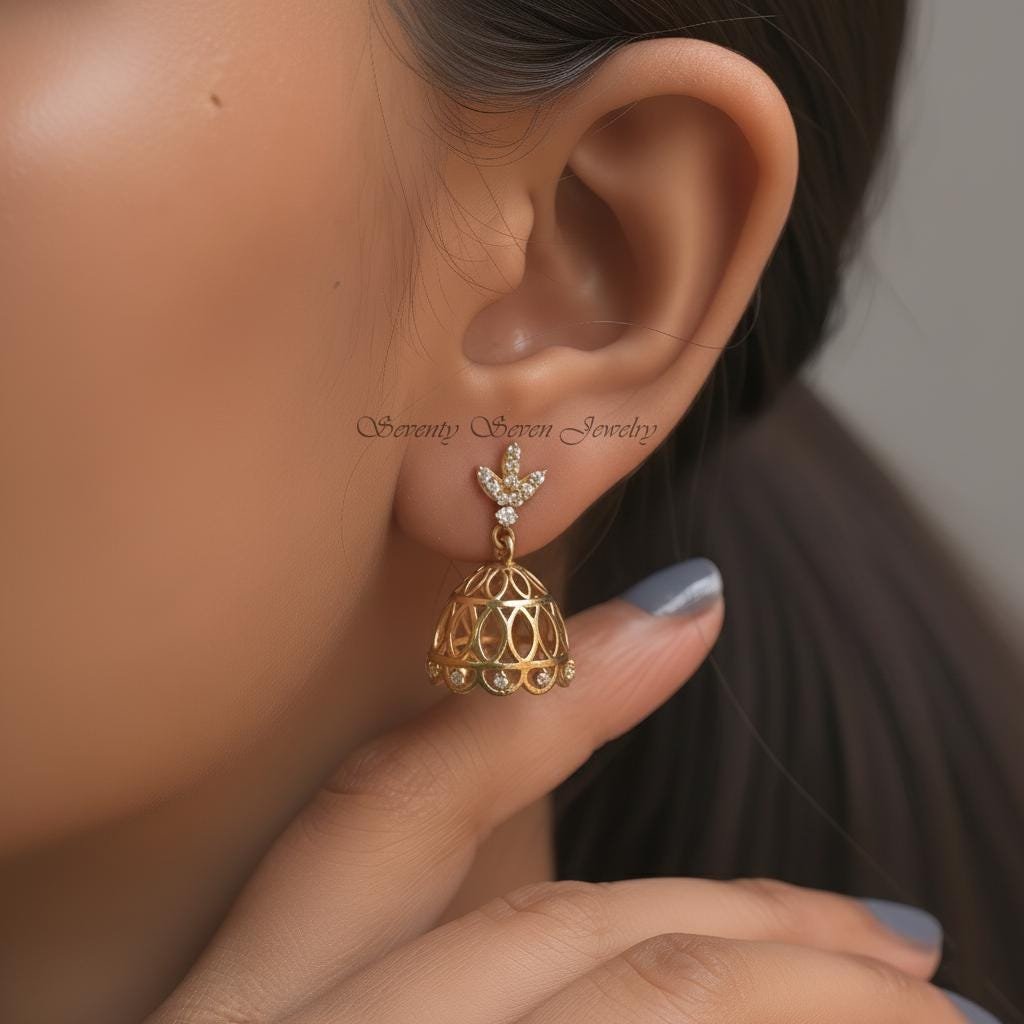 Diamond Jhumka Earrings in 14K Gold, 9K, Sterling Silver | Lab Diamonds, Moissanite - View 5 - Seventy Seven Jewelry | SKU: S Diamond Jhumka Earrings in 14K Gold, 9K, Sterling Silver | Lab Diamonds, Moissanite - View 5 - Seventy Seven Jewelry | SKU: S