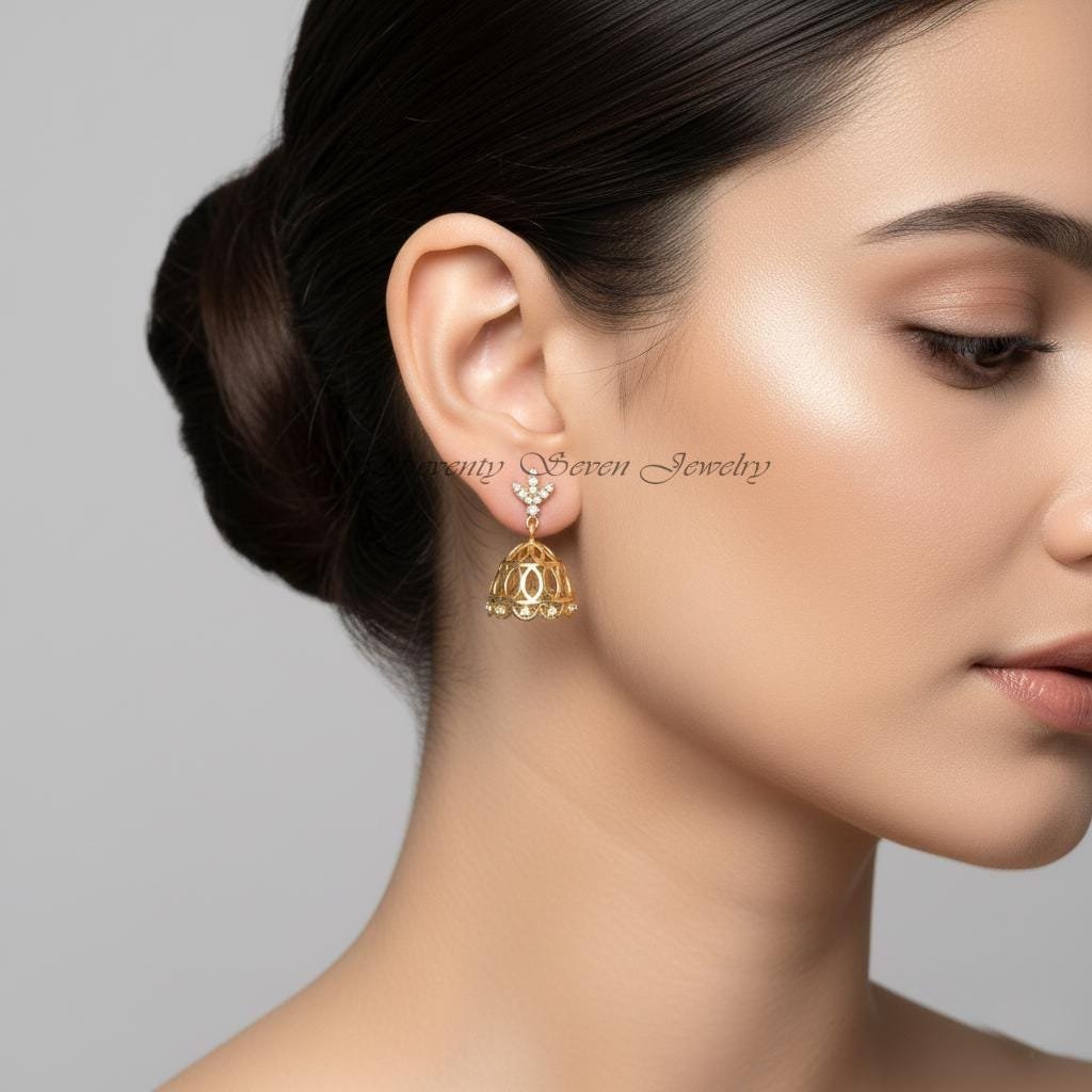 Diamond Jhumka Earrings in 14K Gold, 9K, Sterling Silver | Lab Diamonds, Moissanite - View 6 - Seventy Seven Jewelry | SKU: S Diamond Jhumka Earrings in 14K Gold, 9K, Sterling Silver | Lab Diamonds, Moissanite - View 6 - Seventy Seven Jewelry | SKU: S