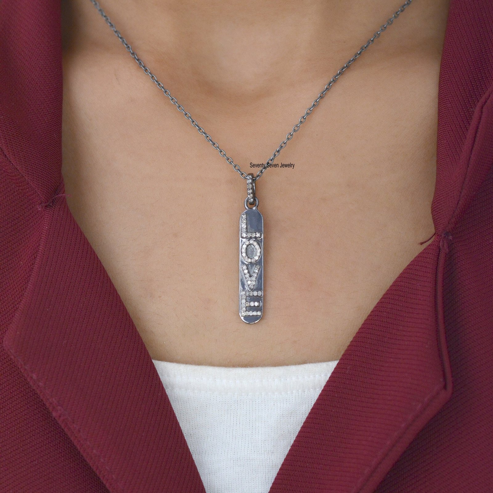 Diamond 'LOVE' 925 Silver Vertical Pendant Necklace - View 2 - Seventy Seven Jewelry | SKU: SSMJP224-SLYGDI-2026,SSMJP224-SLY Diamond 'LOVE' 925 Silver Vertical Pendant Necklace - View 2 - Seventy Seven Jewelry | SKU: SSMJP224-SLYGDI-2026,SSMJP224-SLY