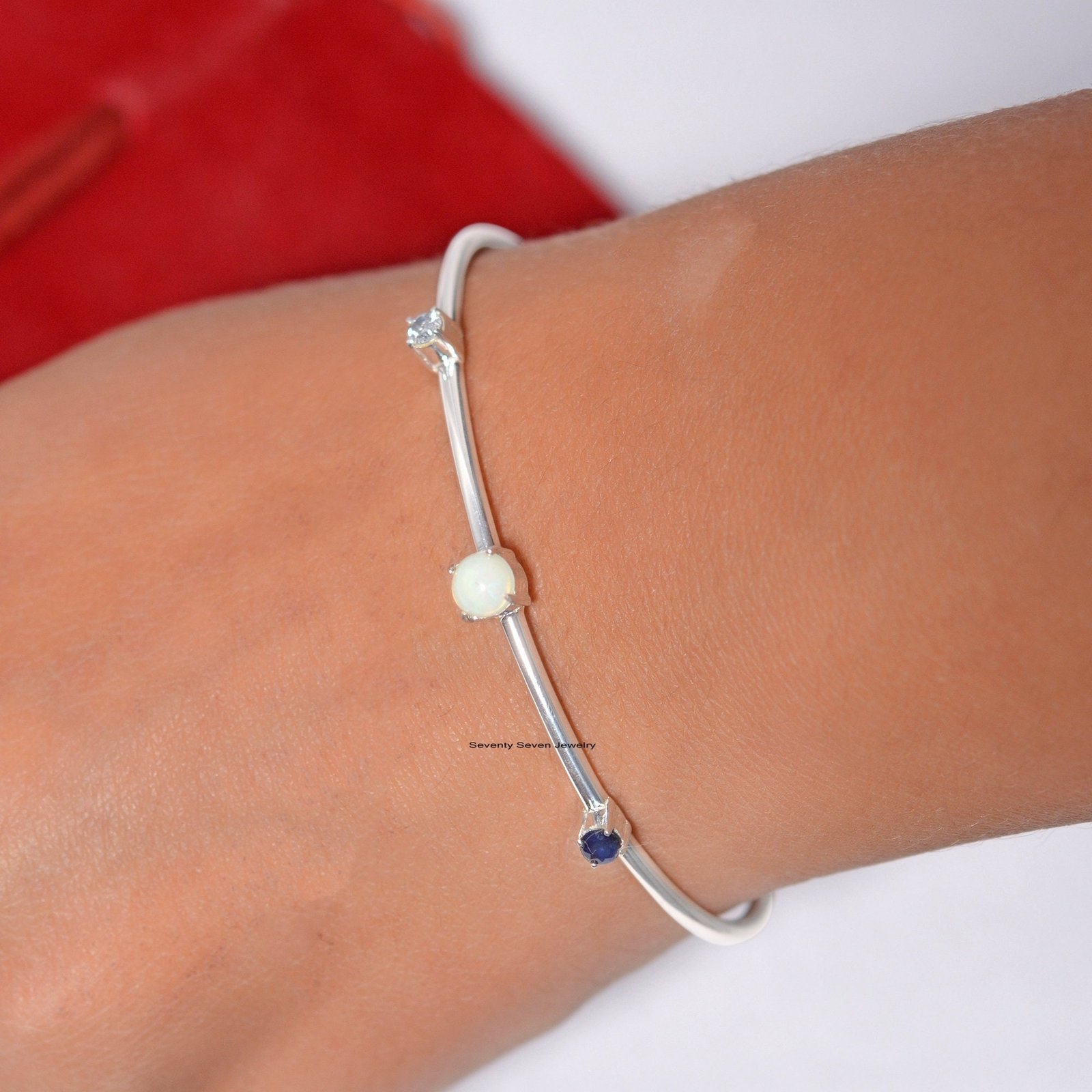 Diamond, Opal & Sapphire 925 Silver Cuff Bangle - 6.5 Inch - Seventy Seven Jewelry | SKU: SSMJB33-SLYGDIBSPOP-2026 Diamond, Opal & Sapphire 925 Silver Cuff Bangle - 6.5 Inch - Seventy Seven Jewelry | SKU: SSMJB33-SLYGDIBSPOP-2026