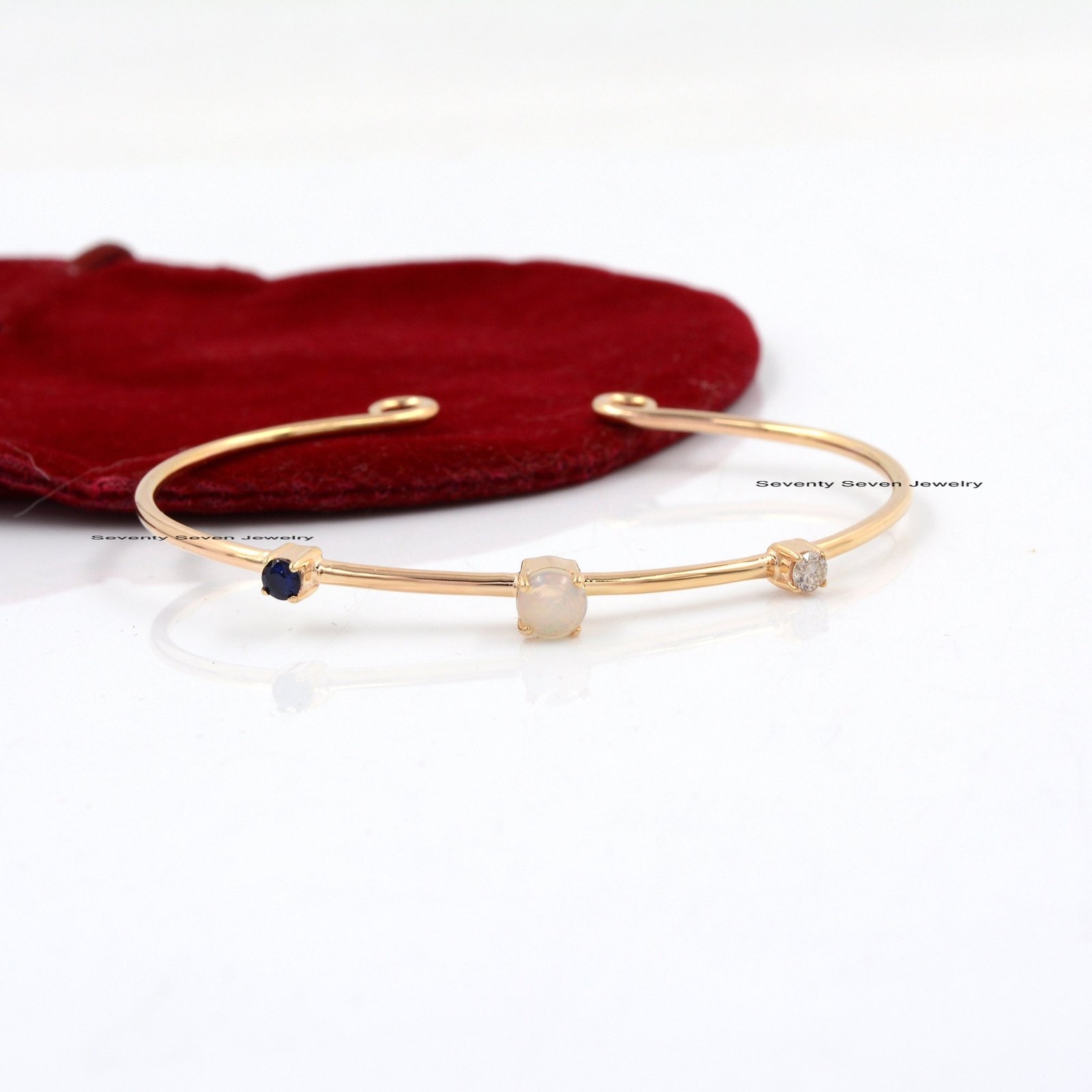 Diamond, Opal & Sapphire 925 Silver Cuff Bangle - 6.5 Inch - View 2 - Seventy Seven Jewelry | SKU: SSMJB33-SLYGDIBSPOP-2026 Diamond, Opal & Sapphire 925 Silver Cuff Bangle - 6.5 Inch - View 2 - Seventy Seven Jewelry | SKU: SSMJB33-SLYGDIBSPOP-2026