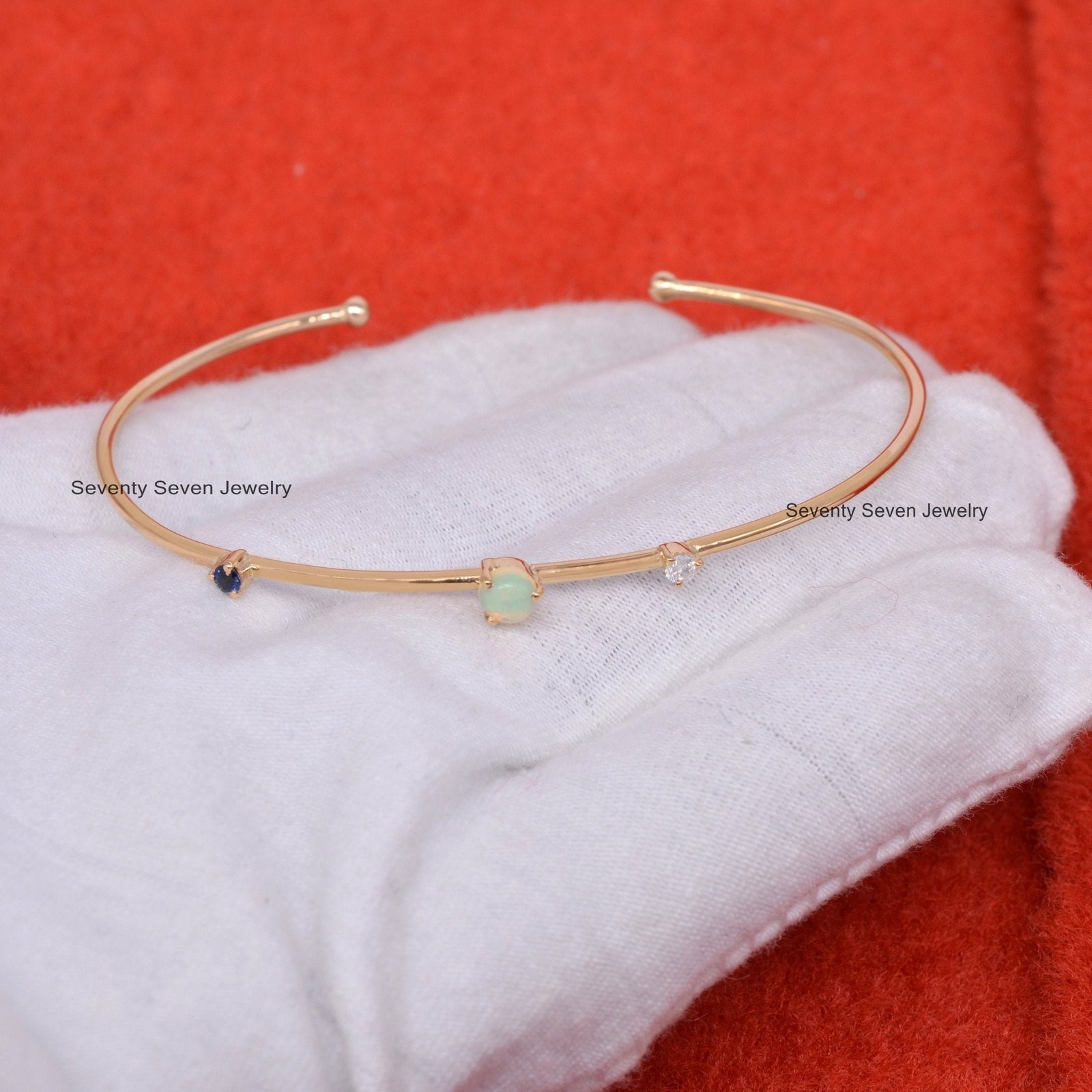 Diamond, Opal & Sapphire 925 Silver Cuff Bangle - 6.5 Inch - View 5 - Seventy Seven Jewelry | SKU: SSMJB33-SLYGDIBSPOP-2026 Diamond, Opal & Sapphire 925 Silver Cuff Bangle - 6.5 Inch - View 5 - Seventy Seven Jewelry | SKU: SSMJB33-SLYGDIBSPOP-2026