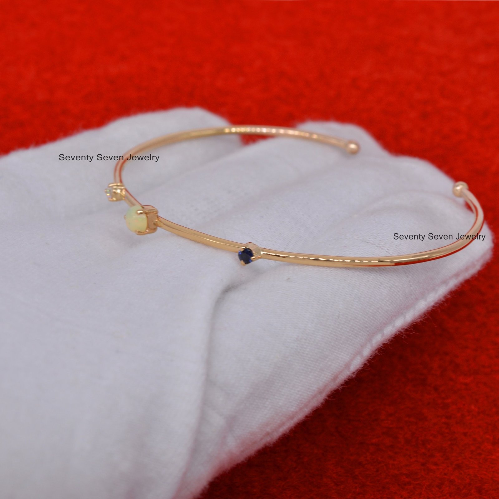 Diamond, Opal & Sapphire 925 Silver Cuff Bangle - 6.5 Inch - View 6 - Seventy Seven Jewelry | SKU: SSMJB33-SLYGDIBSPOP-2026 Diamond, Opal & Sapphire 925 Silver Cuff Bangle - 6.5 Inch - View 6 - Seventy Seven Jewelry | SKU: SSMJB33-SLYGDIBSPOP-2026
