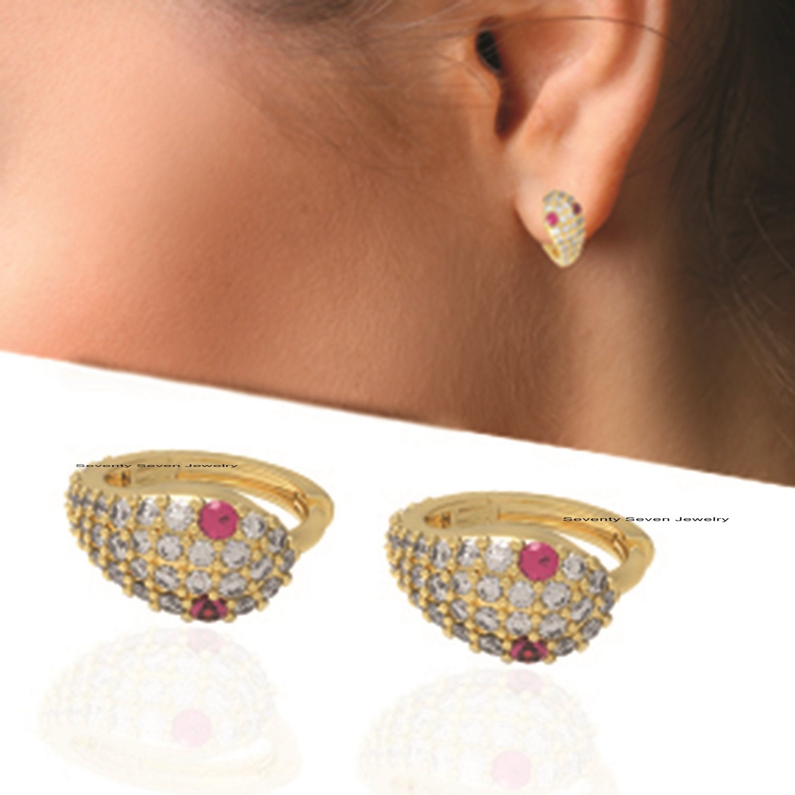 Diamond Snake Hoop Huggies: Ruby Eyed Serpent Earrings, 925 Silver - View 3 - Seventy Seven Jewelry | SKU: SSMJE494-SLYGDIRU- Diamond Snake Hoop Huggies: Ruby Eyed Serpent Earrings, 925 Silver - View 3 - Seventy Seven Jewelry | SKU: SSMJE494-SLYGDIRU-