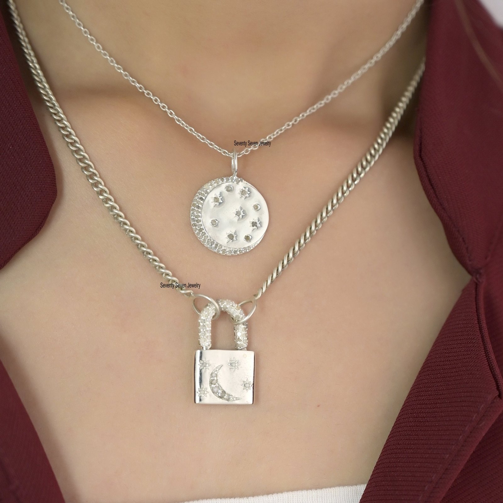 Diamond Star Moon Pendant: 925 Silver Celestial Disc Charm - Seventy Seven Jewelry | SKU: SSMJP696-SLYGDI-2026 Diamond Star Moon Pendant: 925 Silver Celestial Disc Charm - Seventy Seven Jewelry | SKU: SSMJP696-SLYGDI-2026