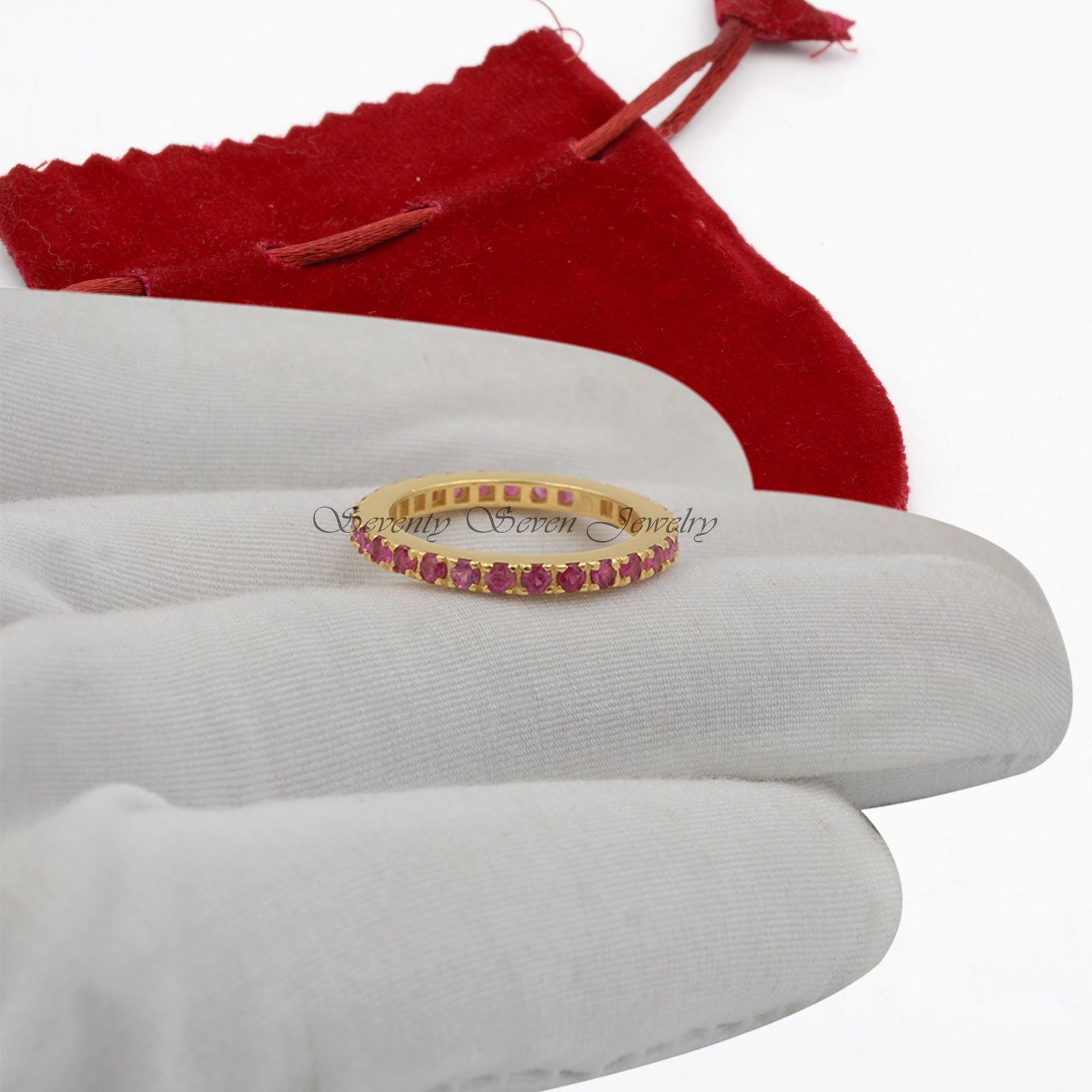 Genuine Ruby Eternity Ring: Sterling Silver July Birthstone Band - View 4 - Seventy Seven Jewelry | SKU: SSMJR380-SLYGPSP-202 Genuine Ruby Eternity Ring: Sterling Silver July Birthstone Band - View 4 - Seventy Seven Jewelry | SKU: SSMJR380-SLYGPSP-202